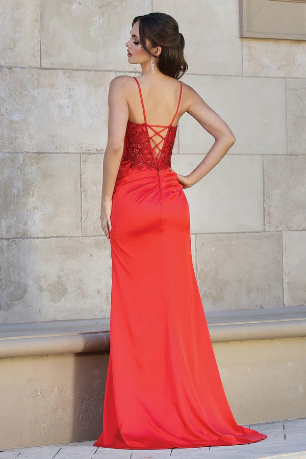 Elegant Satin Mermaid Evening Dress with V-Neck, Lace-Up Back, and High Slit