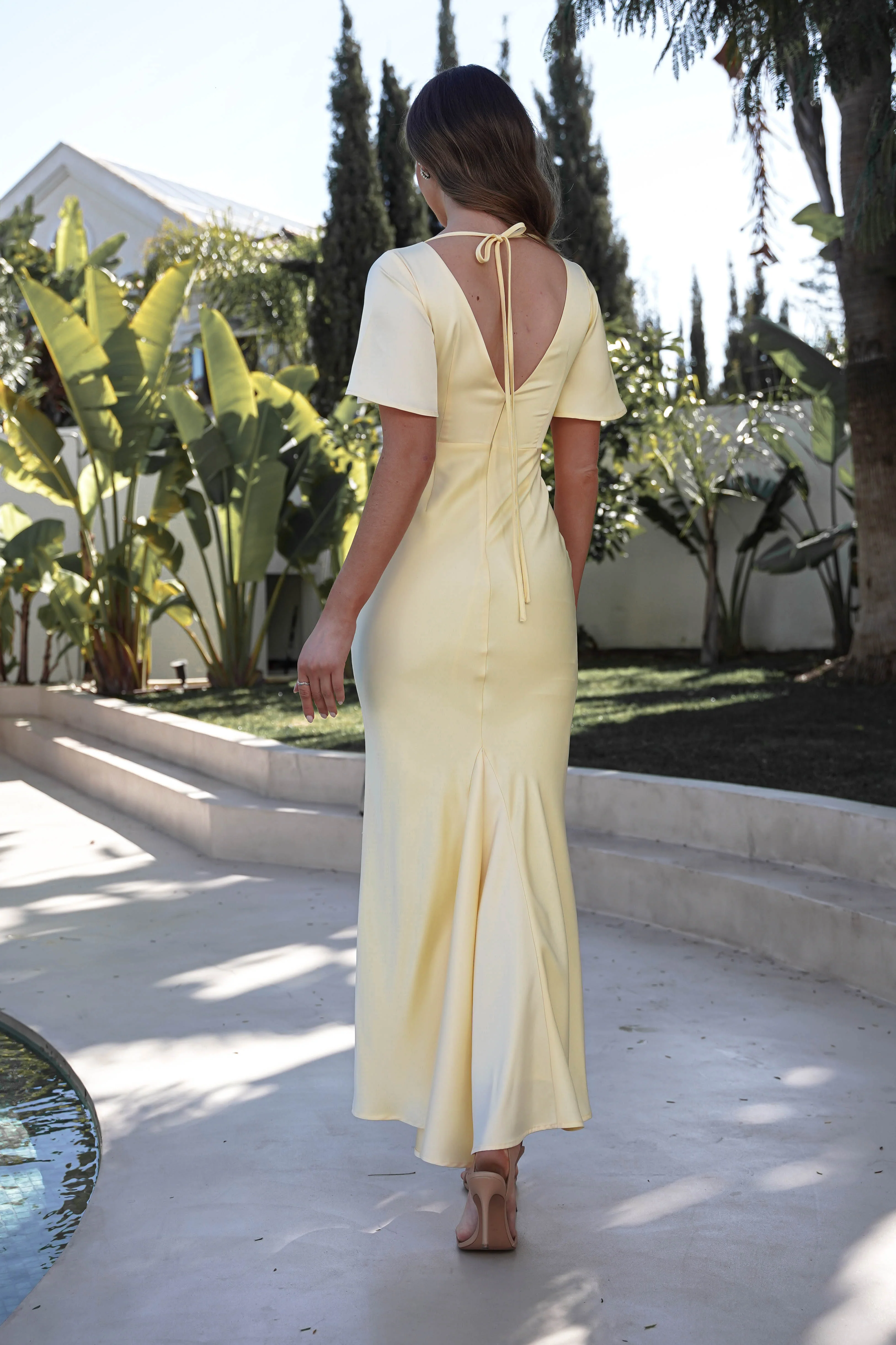 Elegant Satin Mermaid Flutter-Sleeve Tie-Back Prom Dresses