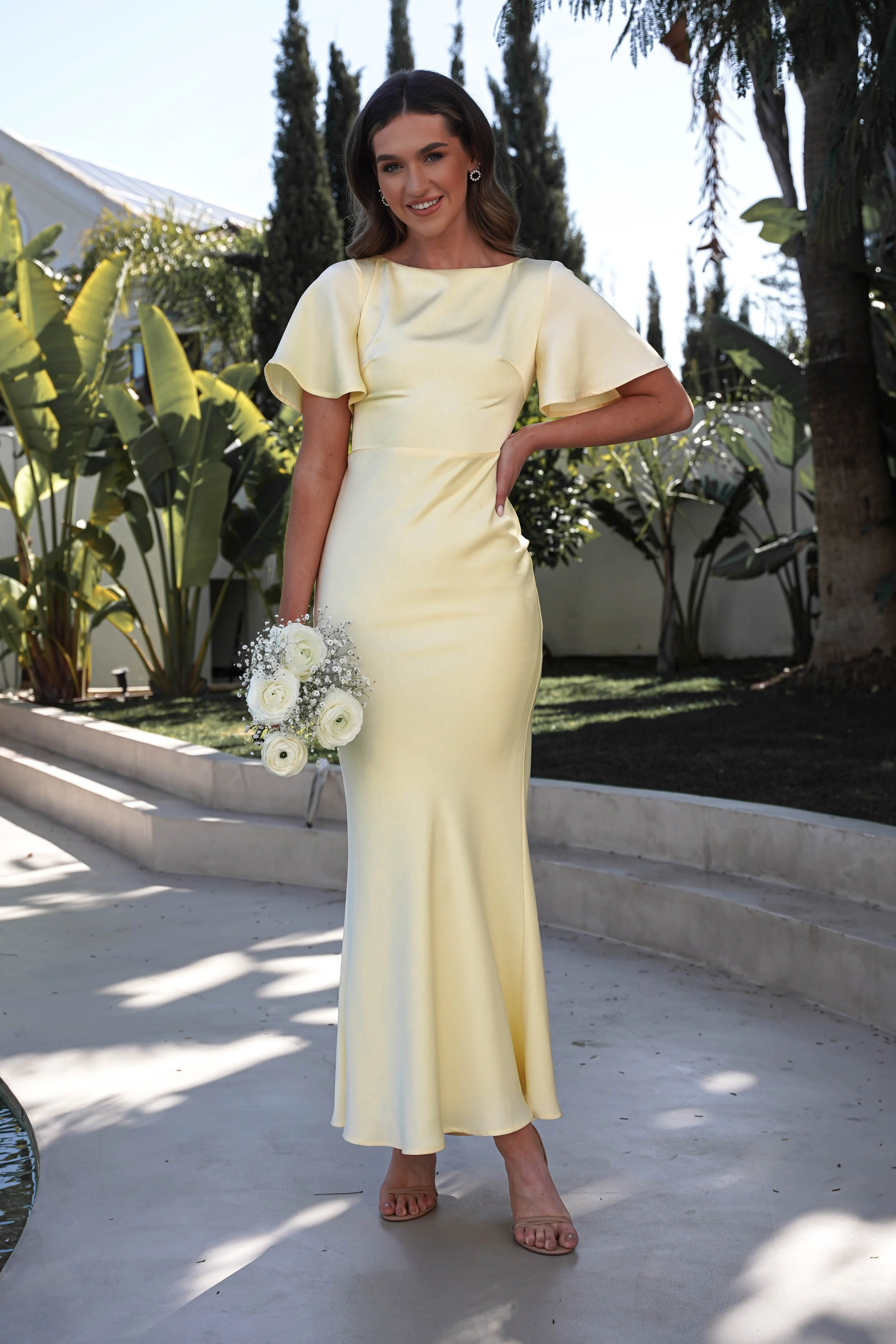 Elegant Satin Mermaid Flutter-Sleeve Tie-Back Prom Dresses