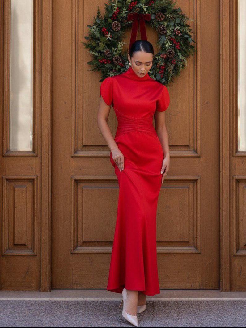 Elegant Satin Mermaid High Neck Short Sleeve Ruched Waist Evening Dress