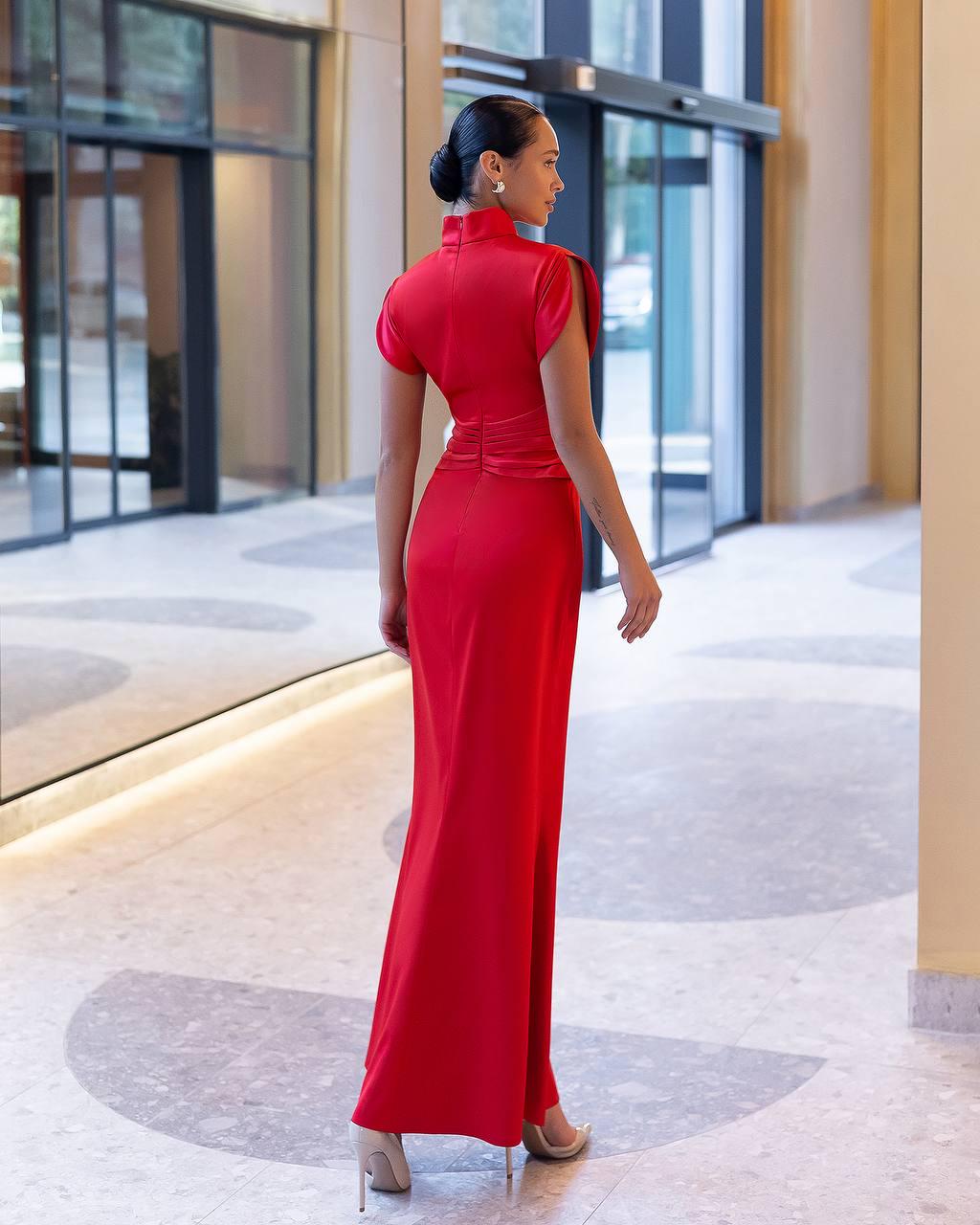 Elegant Satin Mermaid High Neck Short Sleeve Ruched Waist Evening Dress