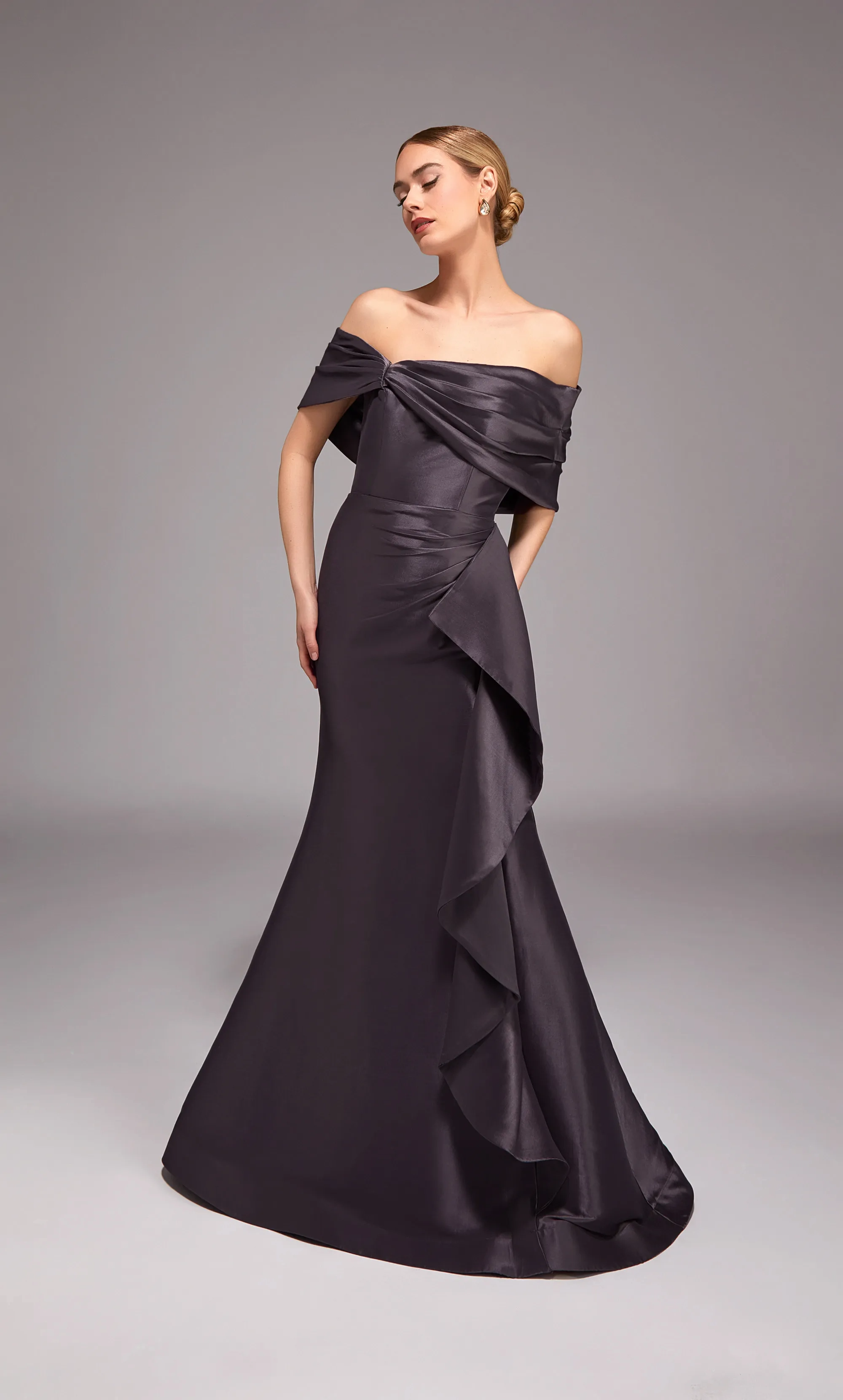 Elegant Satin Mermaid Off-the-Shoulder Draped Sleeve Ruffle Detail Floor-Length Mother of the Bride Dresses