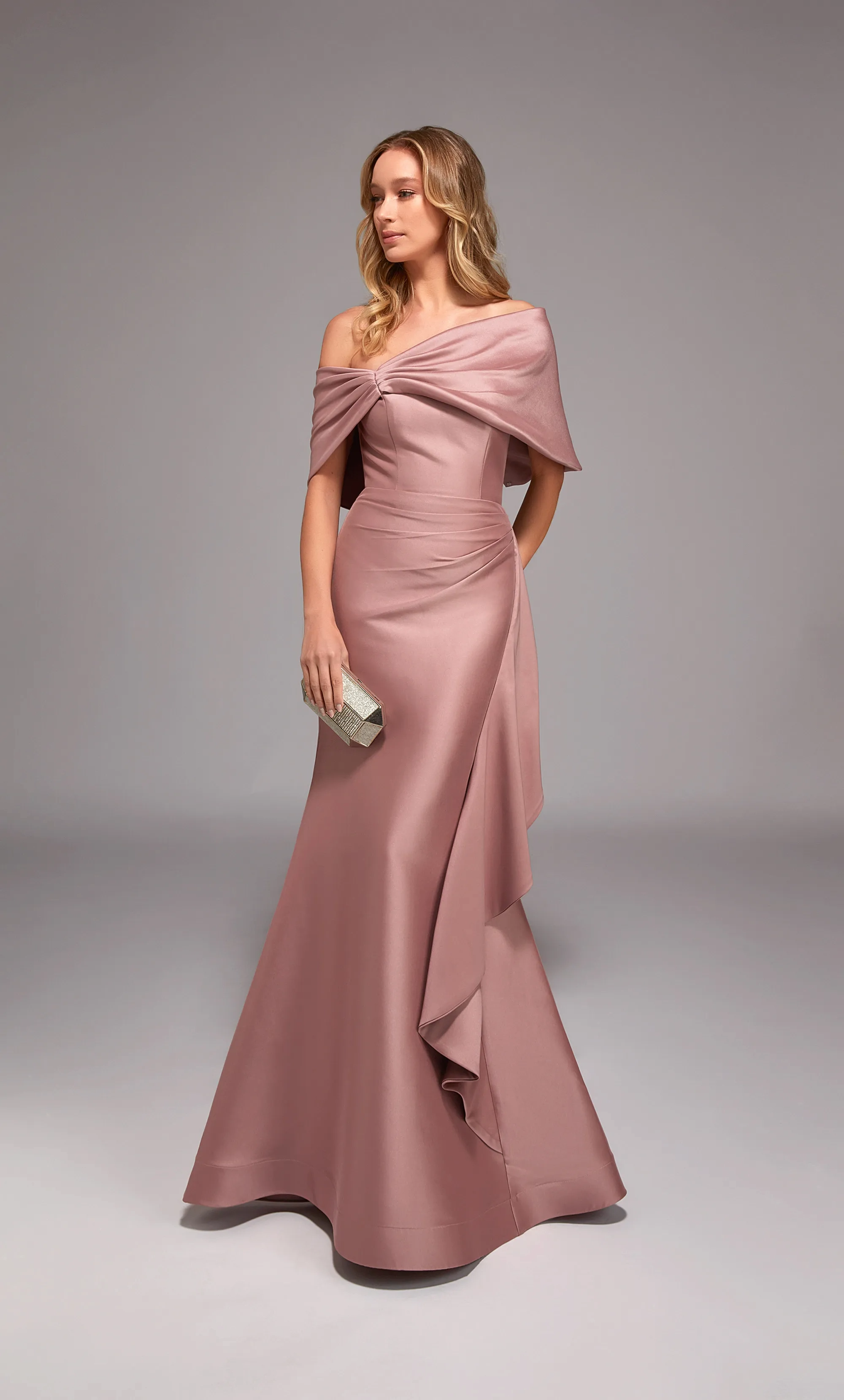 Elegant Satin Mermaid Off-the-Shoulder Draped Sleeve Ruffle Detail Floor-Length Mother of the Bride Dresses