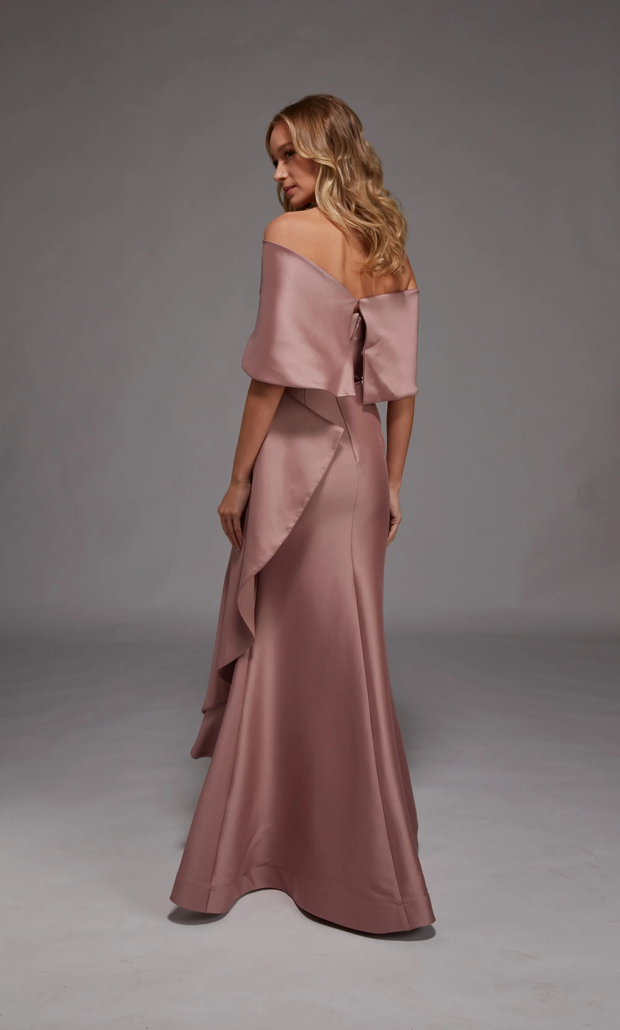Elegant Satin Mermaid Off-the-Shoulder Draped Sleeve Ruffle Detail Floor-Length Mother of the Bride Dresses