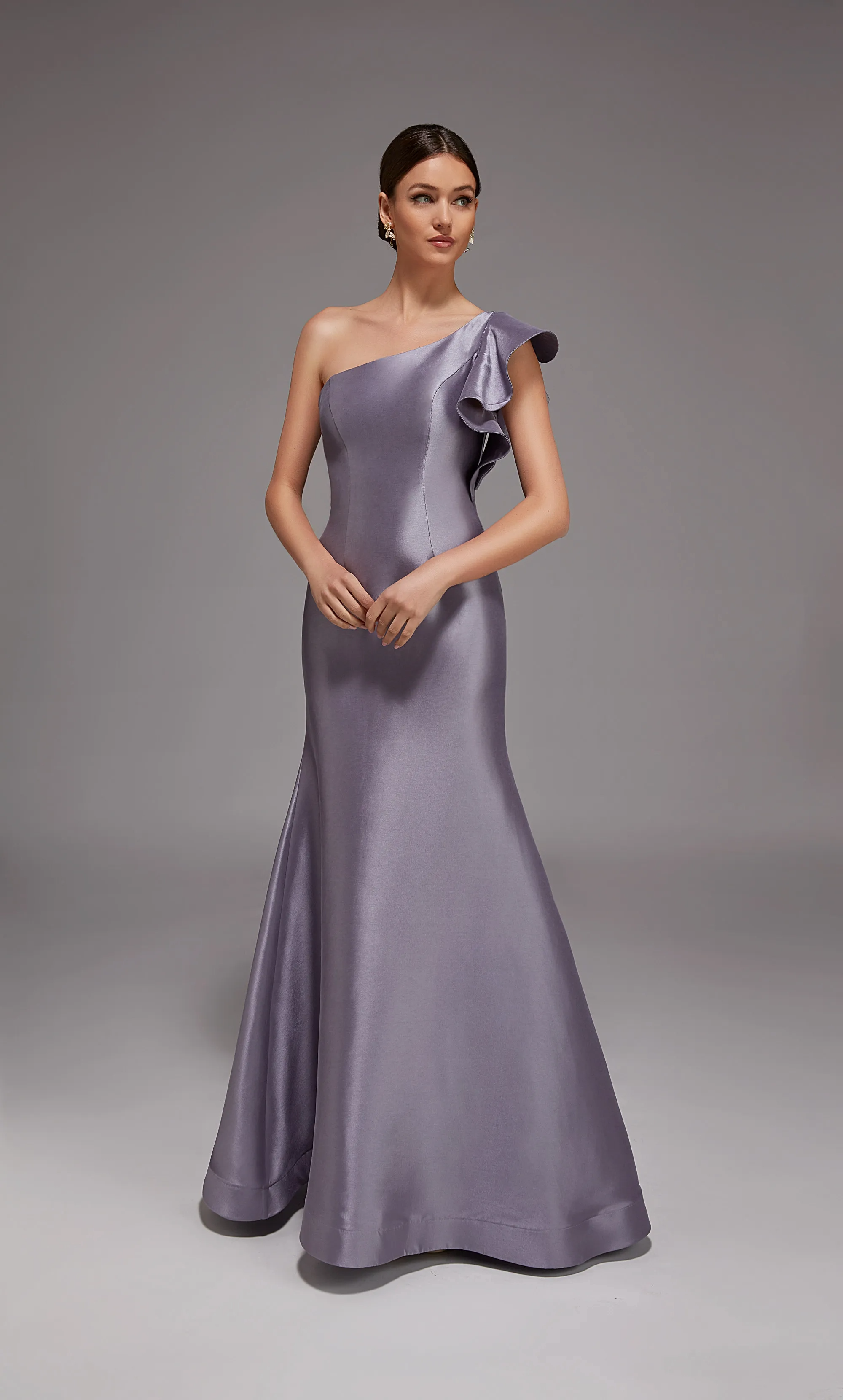 Elegant Satin Mermaid One-Shoulder Ruffle Sleeve Floor-Length Mother of the Bride Dresses