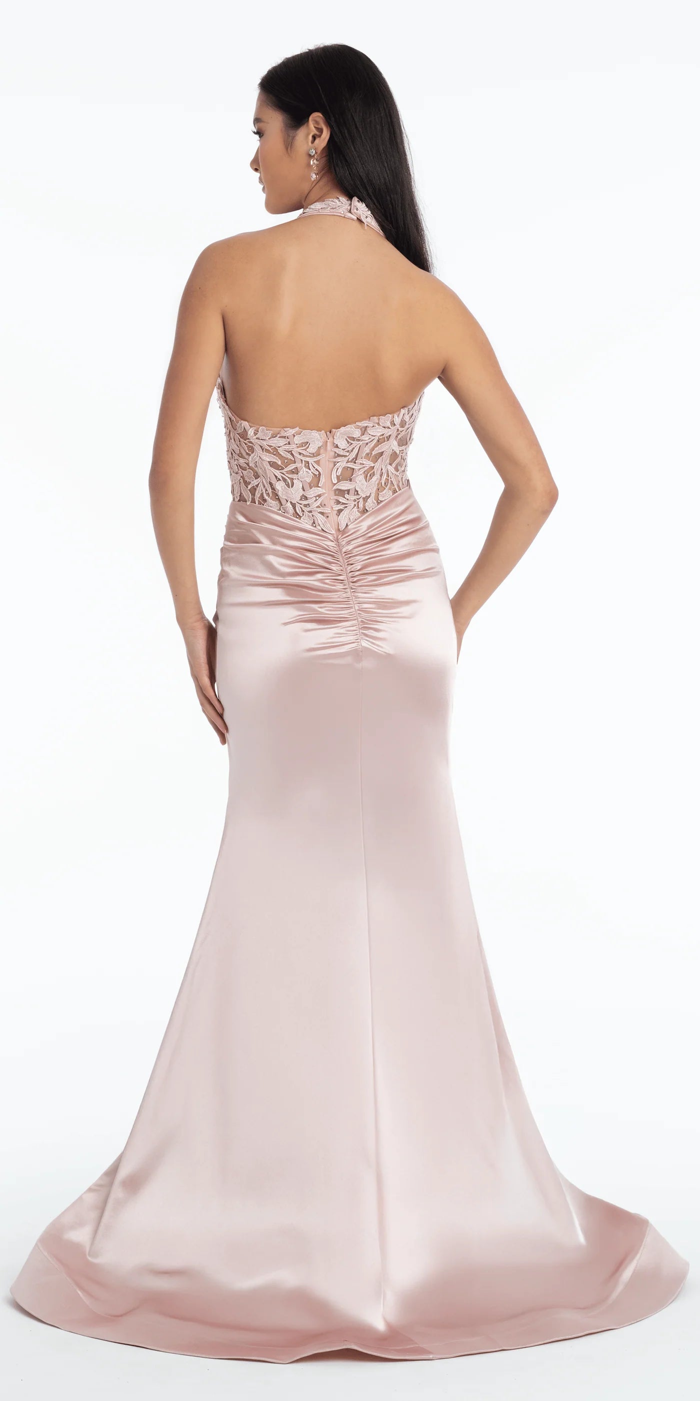 Elegant Satin Mermaid Silhouette Halter Neck Sleeveless Floor-Length Prom Dress with Lace Applique and High Slit for Formal Events