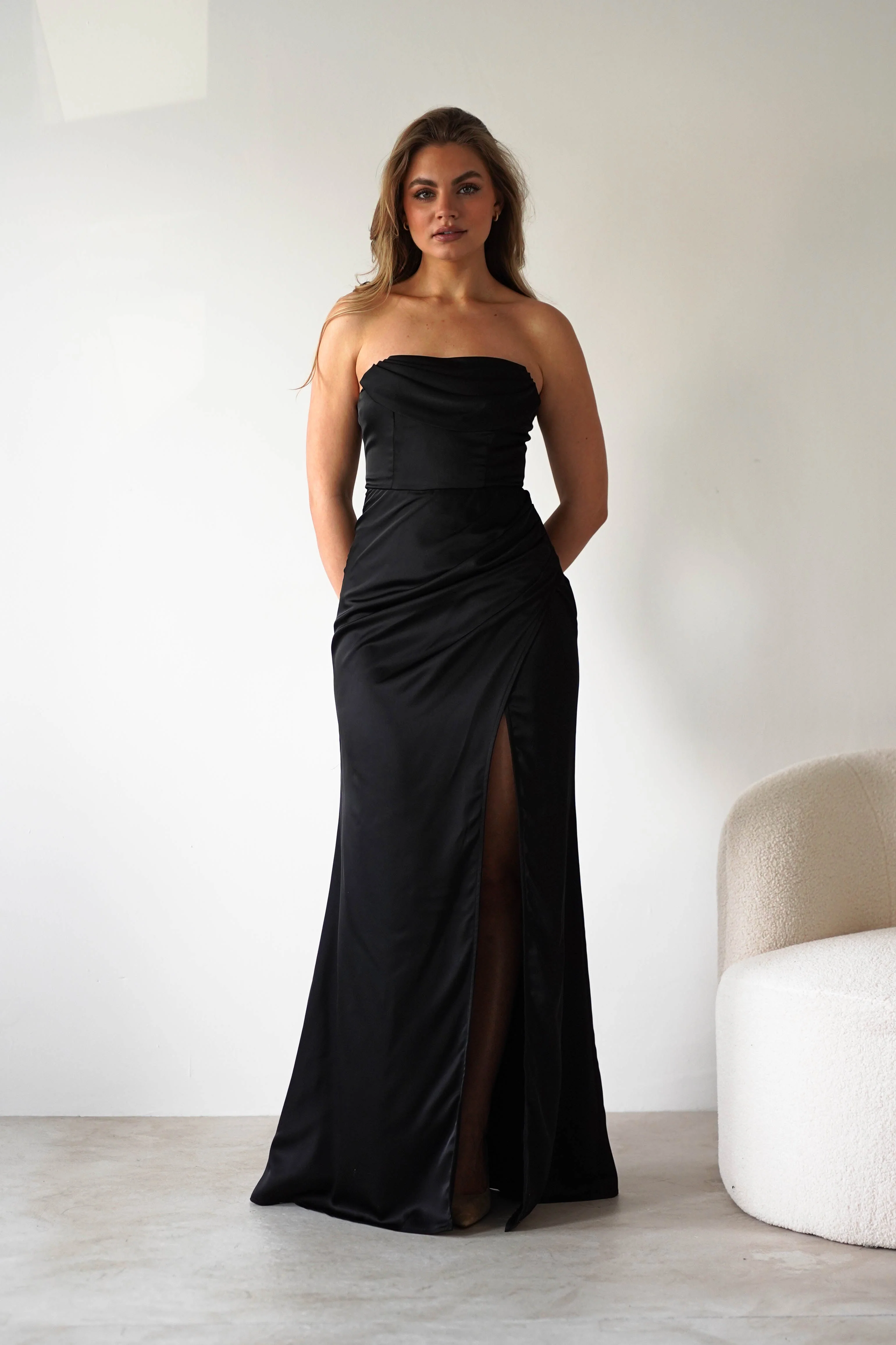 Elegant Satin Mermaid Strapless Cowl-Neck Ruched Prom Dresses
