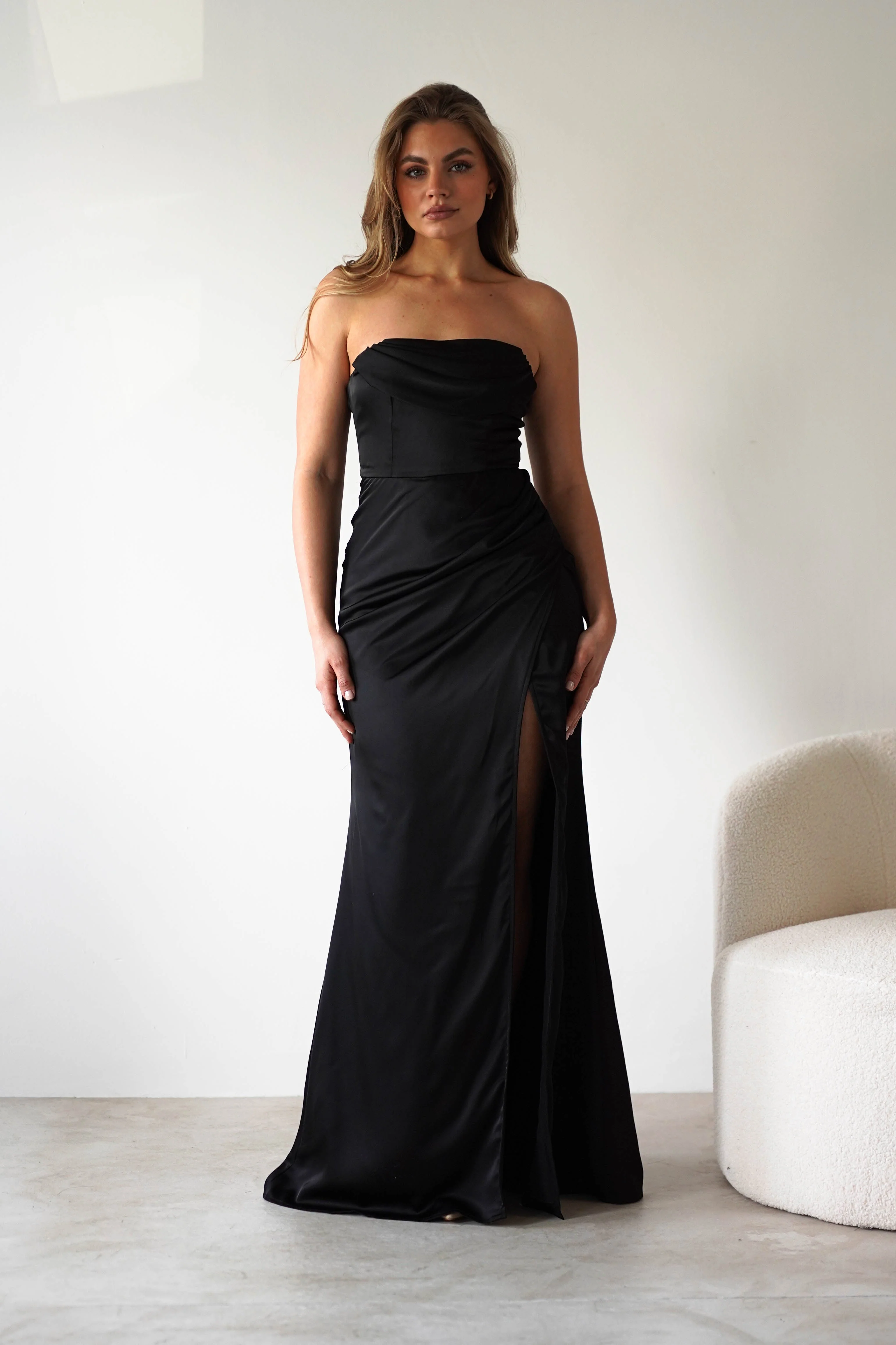 Elegant Satin Mermaid Strapless Cowl-Neck Ruched Prom Dresses
