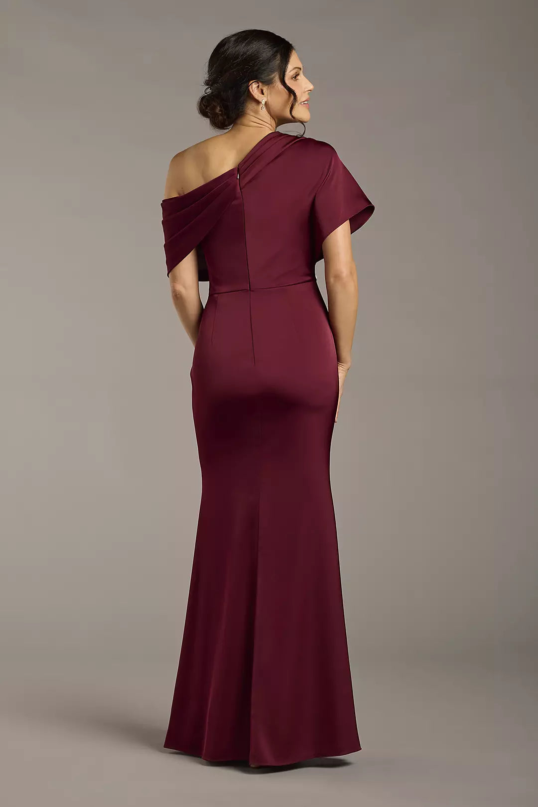 Elegant Satin Mermaid Trumpet Asymmetrical One-Shoulder Draped Short Sleeves Zipper Back Floor-Length Maxi Formal Mother of the Bride Dresses