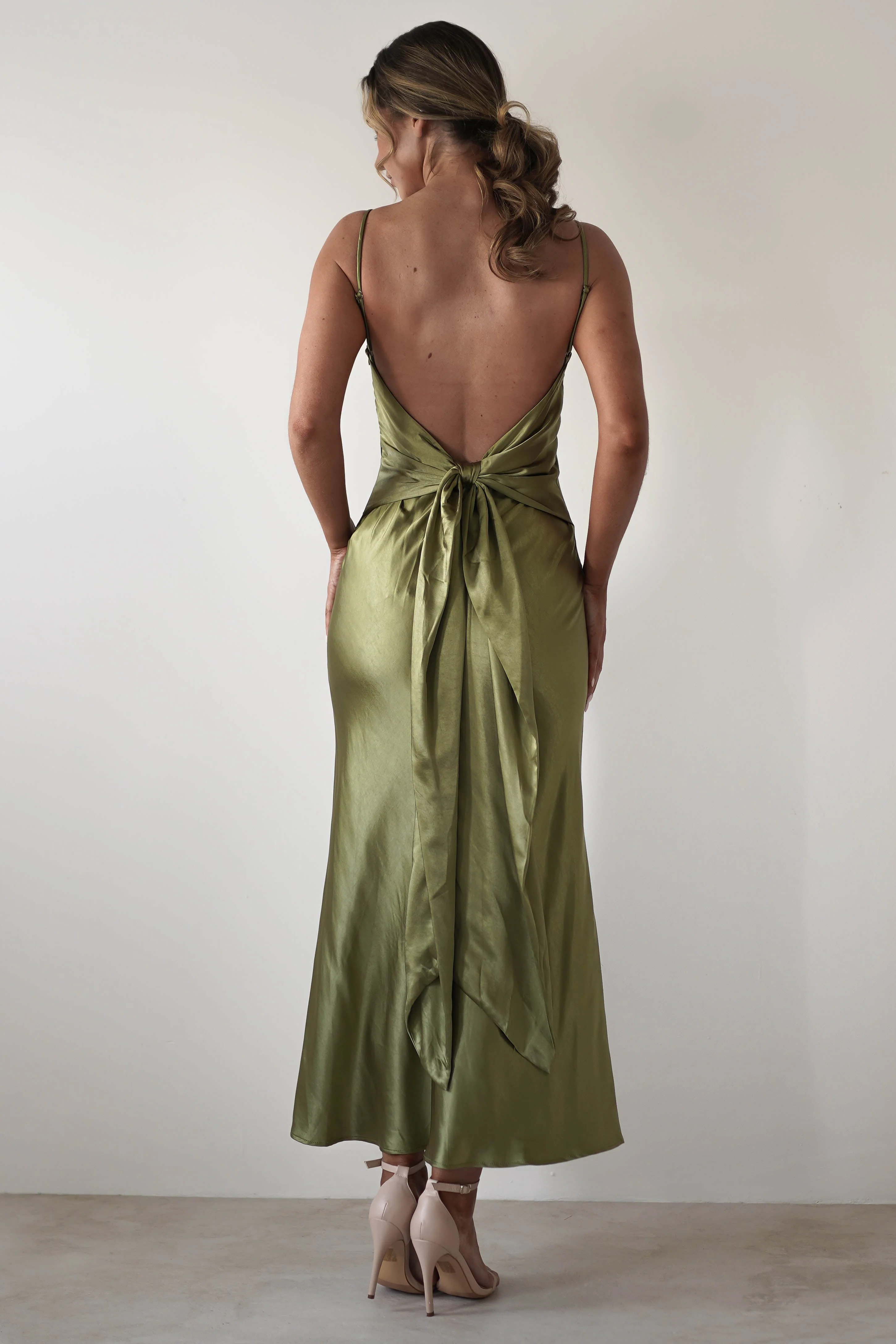 Elegant Satin Midi Spaghetti-Strap Open-Back Tie Prom Dresses