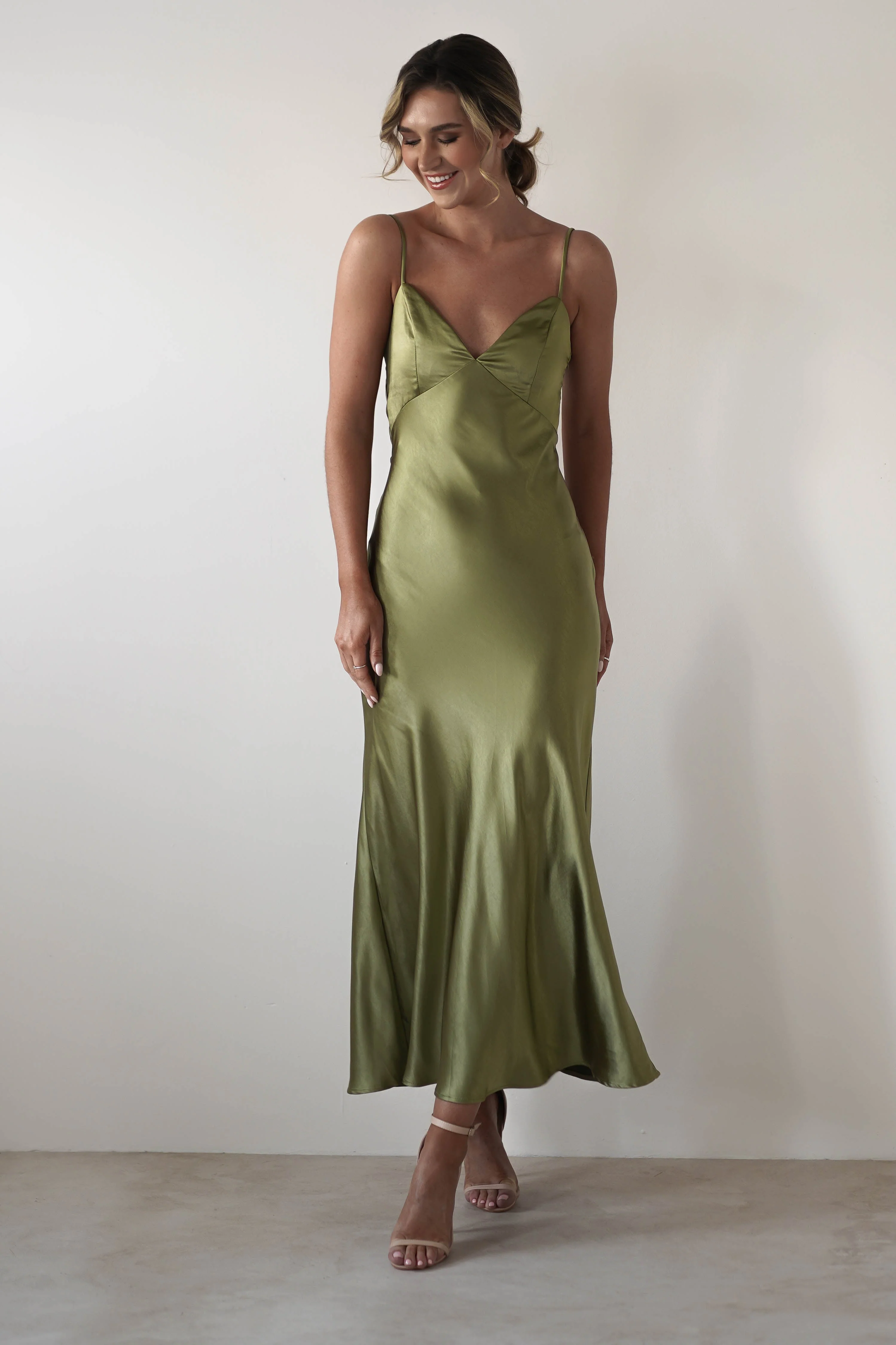 Elegant Satin Midi Spaghetti-Strap Open-Back Tie Prom Dresses