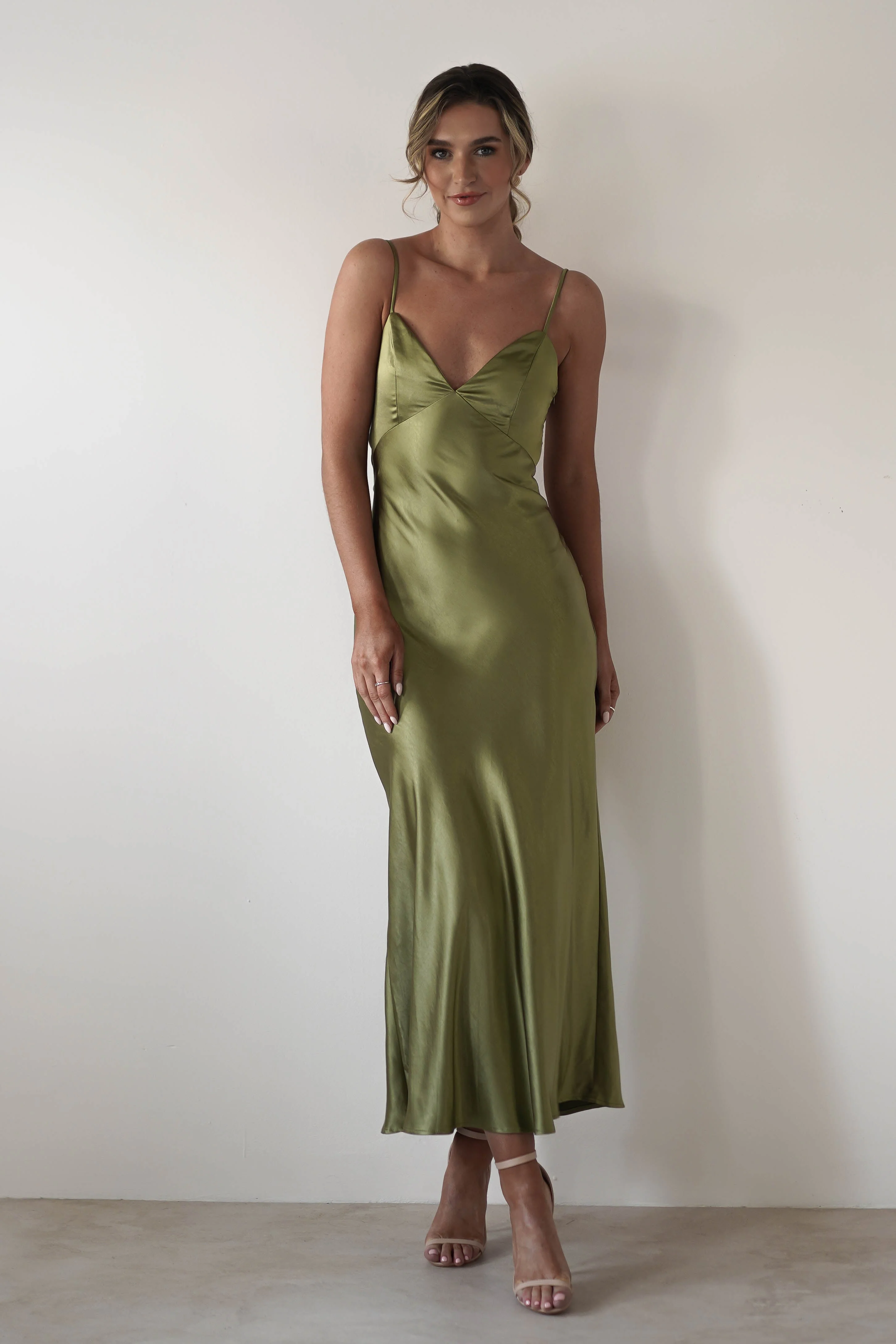 Elegant Satin Midi Spaghetti-Strap Open-Back Tie Prom Dresses