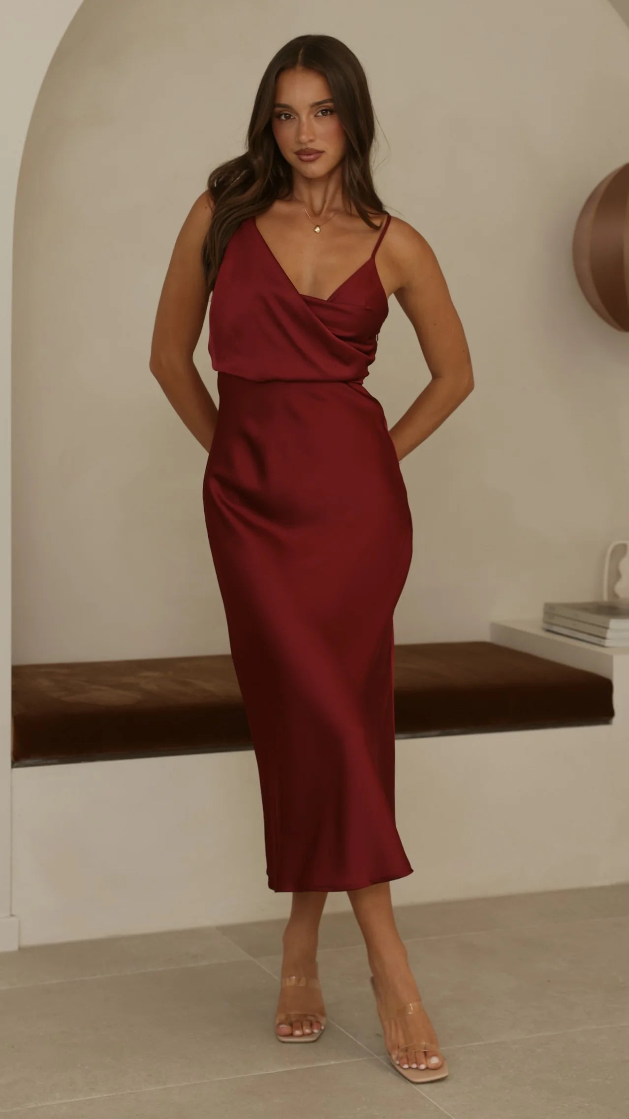 Elegant Satin Midi V-Neck Spaghetti Straps Cowl Neck Ruched Waist Zipper Back Formal Evening Dresses