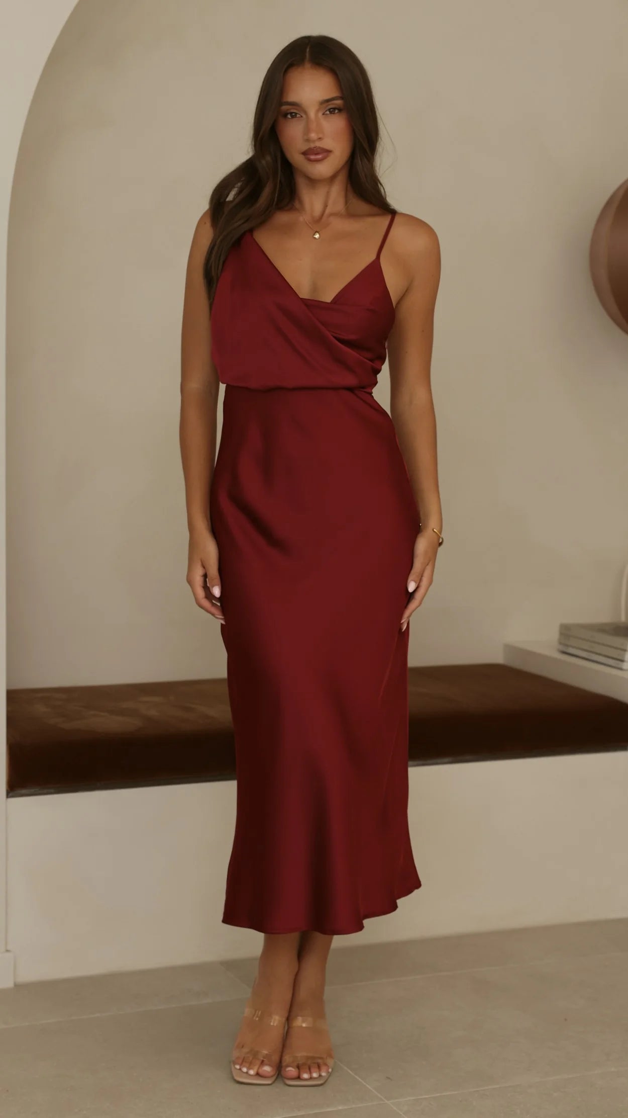 Elegant Satin Midi V-Neck Spaghetti Straps Cowl Neck Ruched Waist Zipper Back Formal Evening Dresses