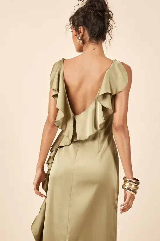 Elegant Satin Ruffle-Trim Low-Back Sleeveless Floor-Length Evening Gowns