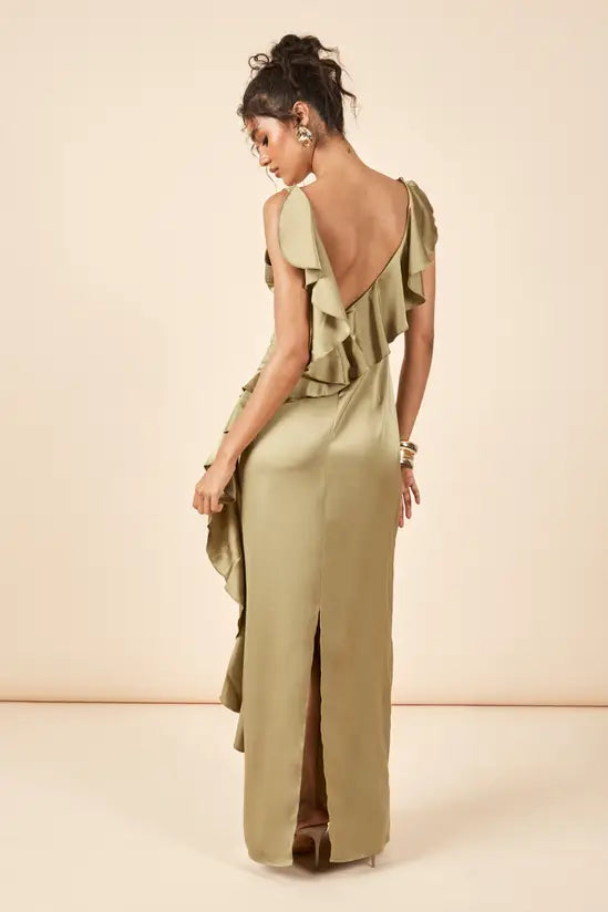 Elegant Satin Ruffle-Trim Low-Back Sleeveless Floor-Length Evening Gowns