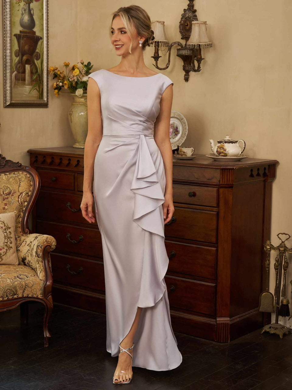 Elegant Satin Sheath Column Boat Neck Sleeveless Cap Sleeves Ruched V-Back Zipper Closure High Slit Floor-Length Maxi Formal Mother of the Bride Dresses
