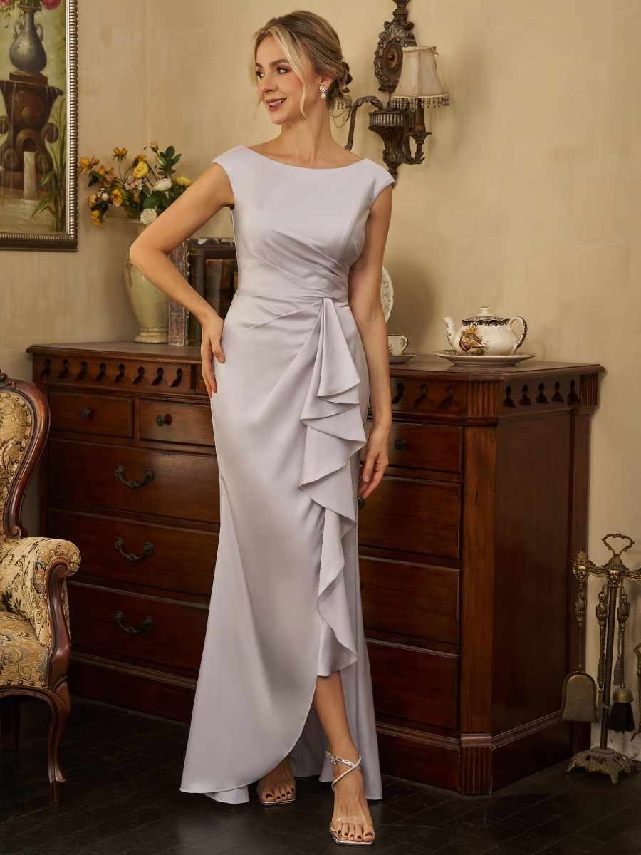 Elegant Satin Sheath Column Boat Neck Sleeveless Cap Sleeves Ruched V-Back Zipper Closure High Slit Floor-Length Maxi Formal Mother of the Bride Dresses