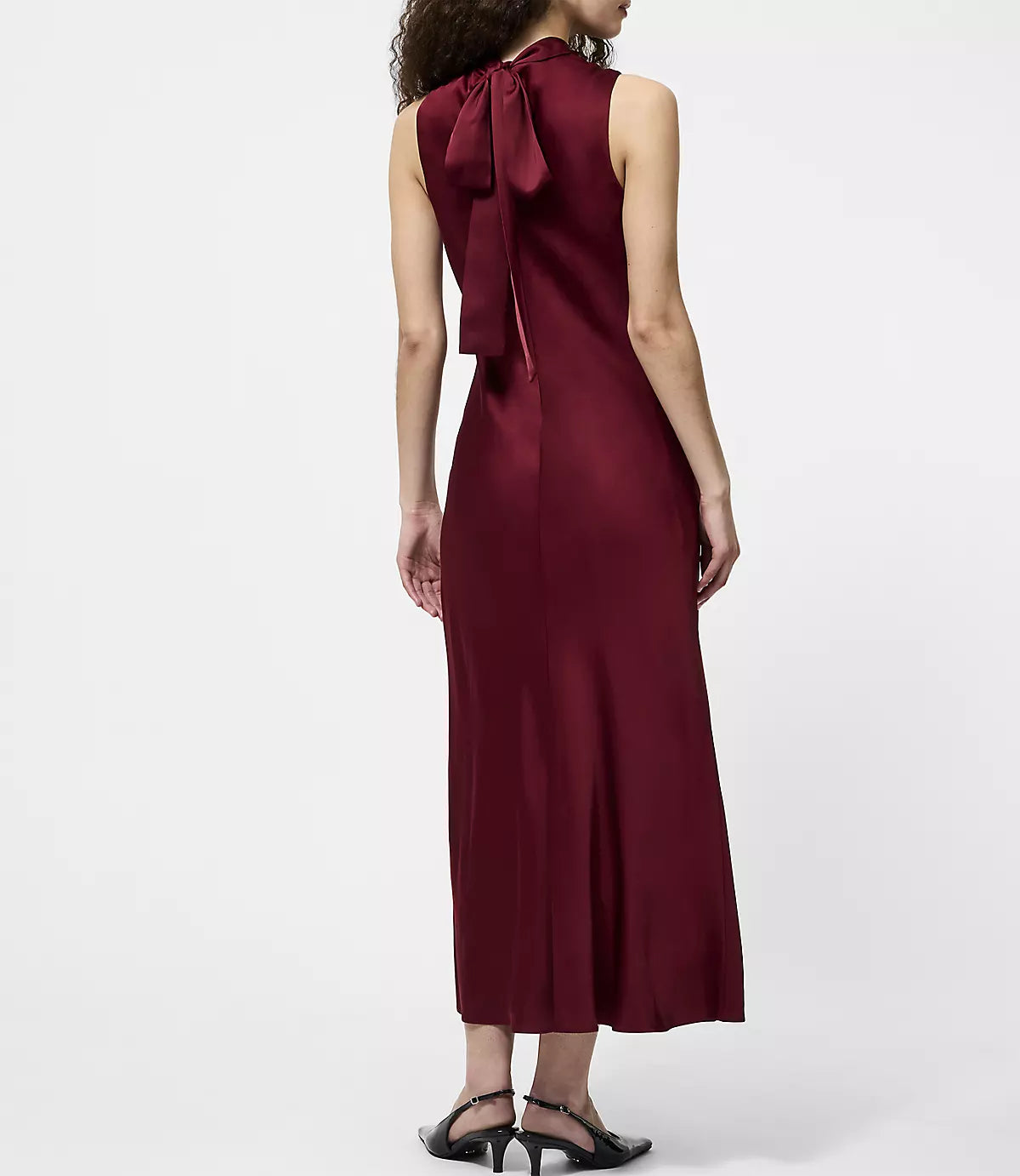 Elegant Satin Sheath High Neck Bow Back Midi Formal Evening Dress