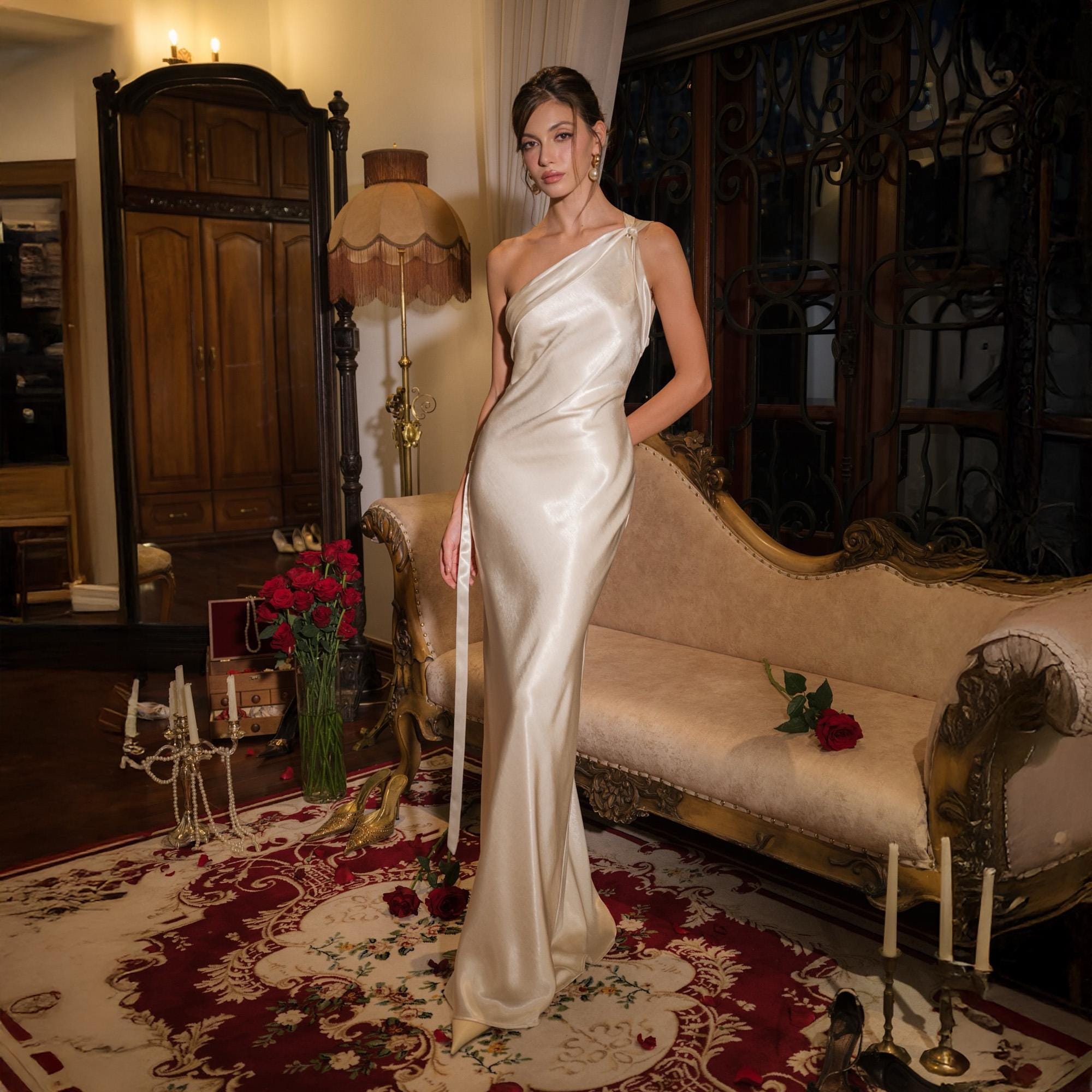 Elegant Satin Sheath One-Shoulder Sleeveless Open Back Evening Dress