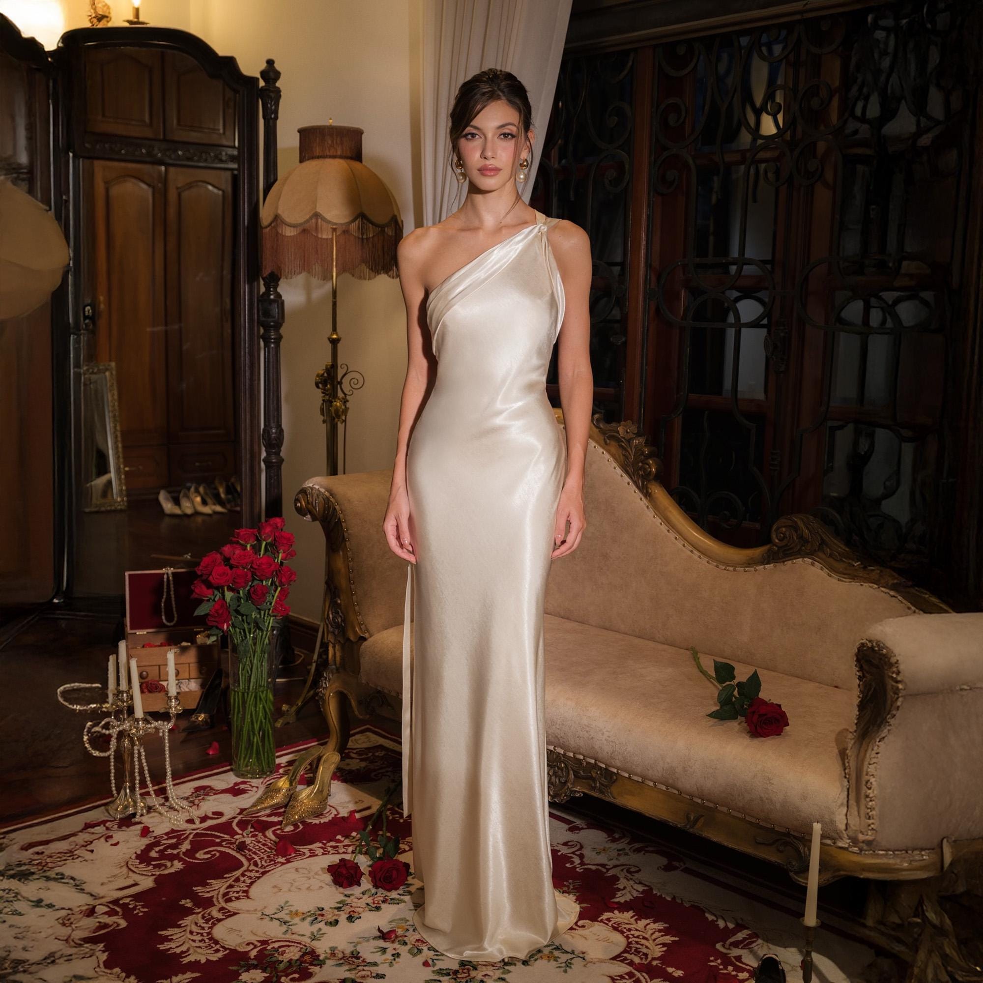 Elegant Satin Sheath One-Shoulder Sleeveless Open Back Evening Dress