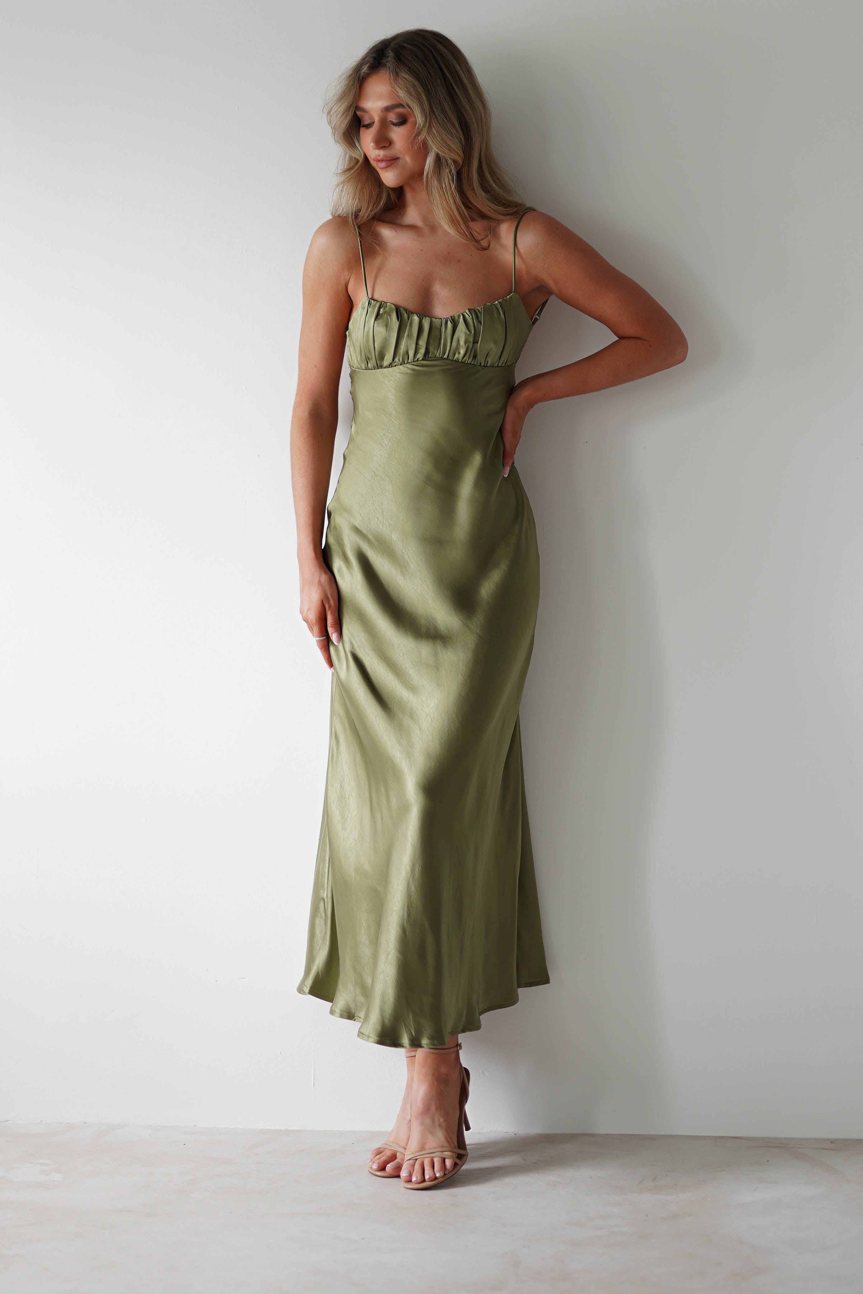 Elegant Satin Sheath Ruched-Bust Spaghetti-Strap Open-Back Midi Prom Dresses
