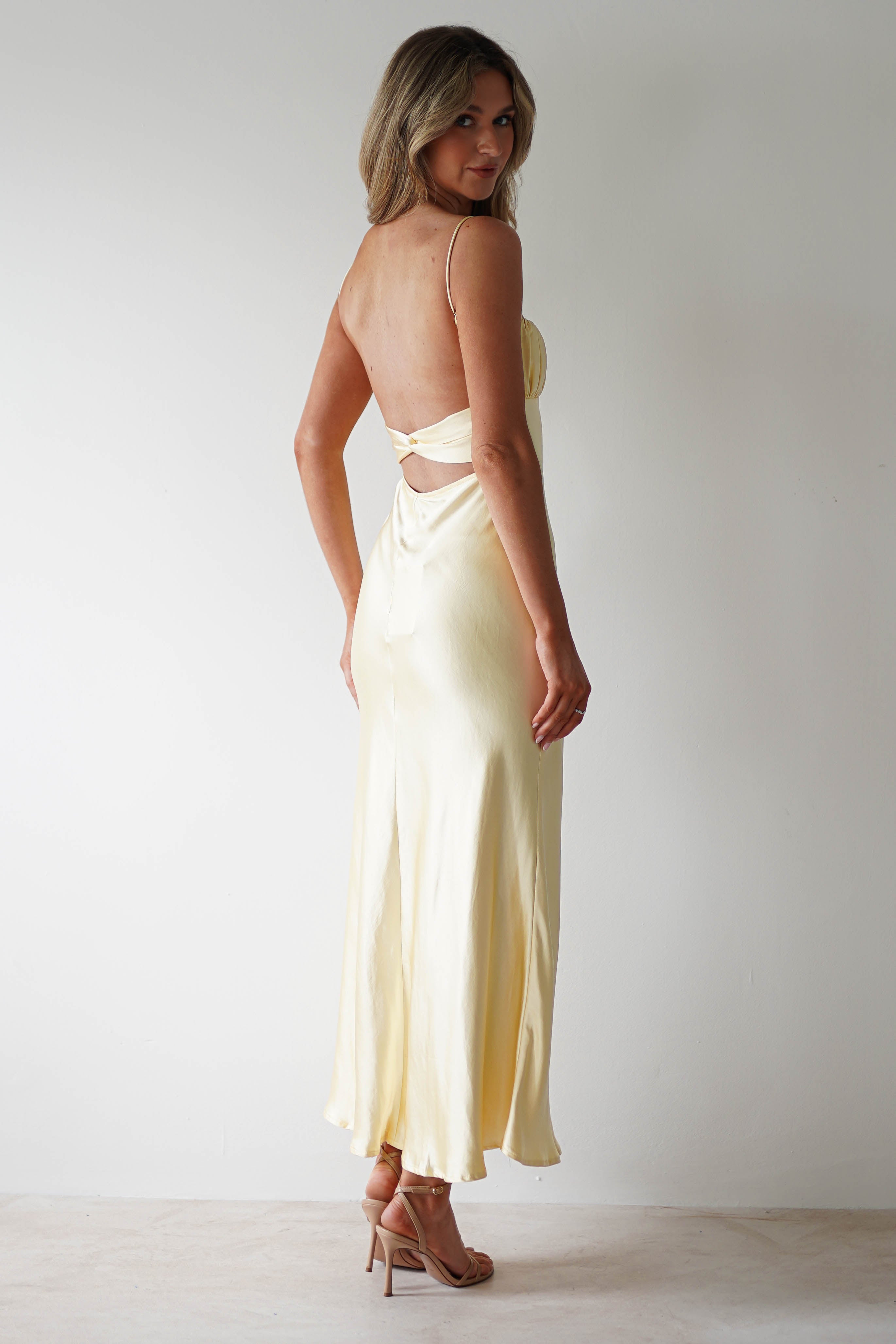 Elegant Satin Sheath Ruched-Bust Spaghetti-Strap Open-Back Midi Prom Dresses