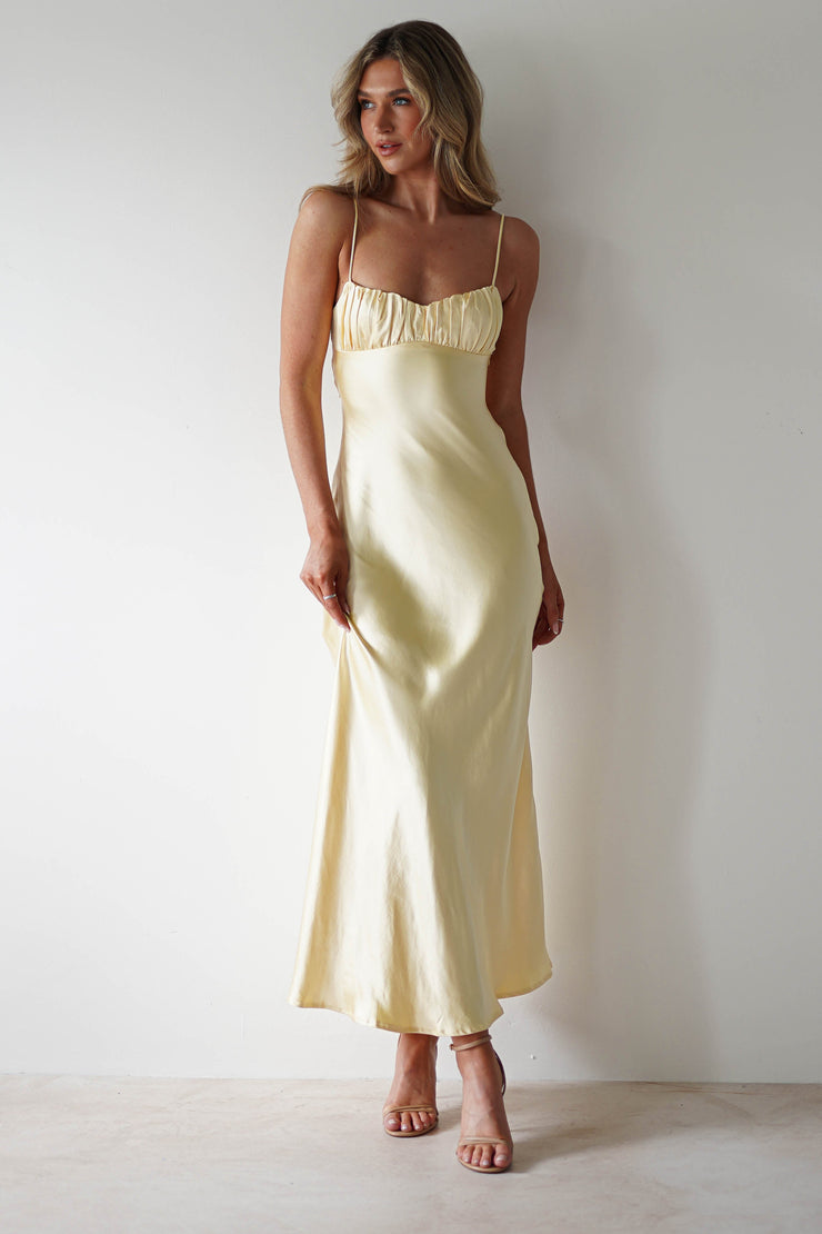 Elegant Satin Sheath Ruched-Bust Spaghetti-Strap Open-Back Midi Prom Dresses