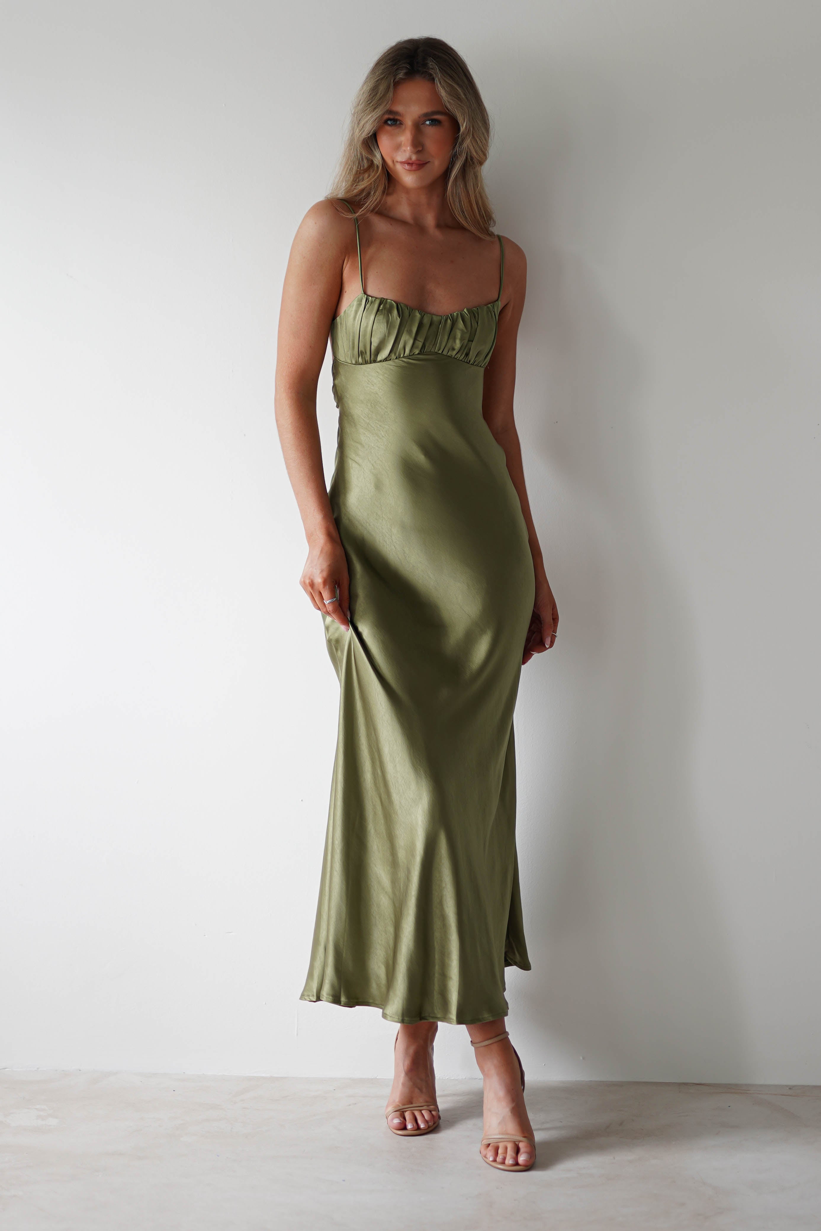 Elegant Satin Sheath Ruched-Bust Spaghetti-Strap Open-Back Midi Prom Dresses