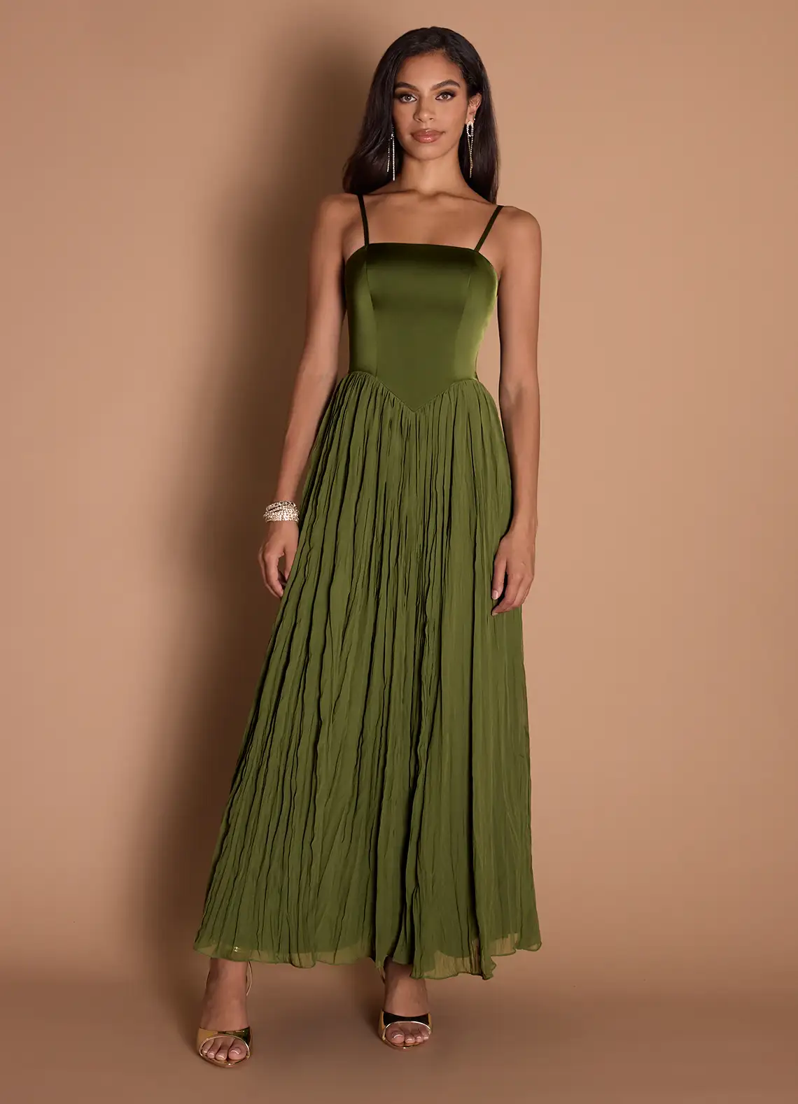 Elegant Satin Spaghetti Strap Square Neck Ruched Bodice Crinkled Chiffon Floor-Length Evening Dress