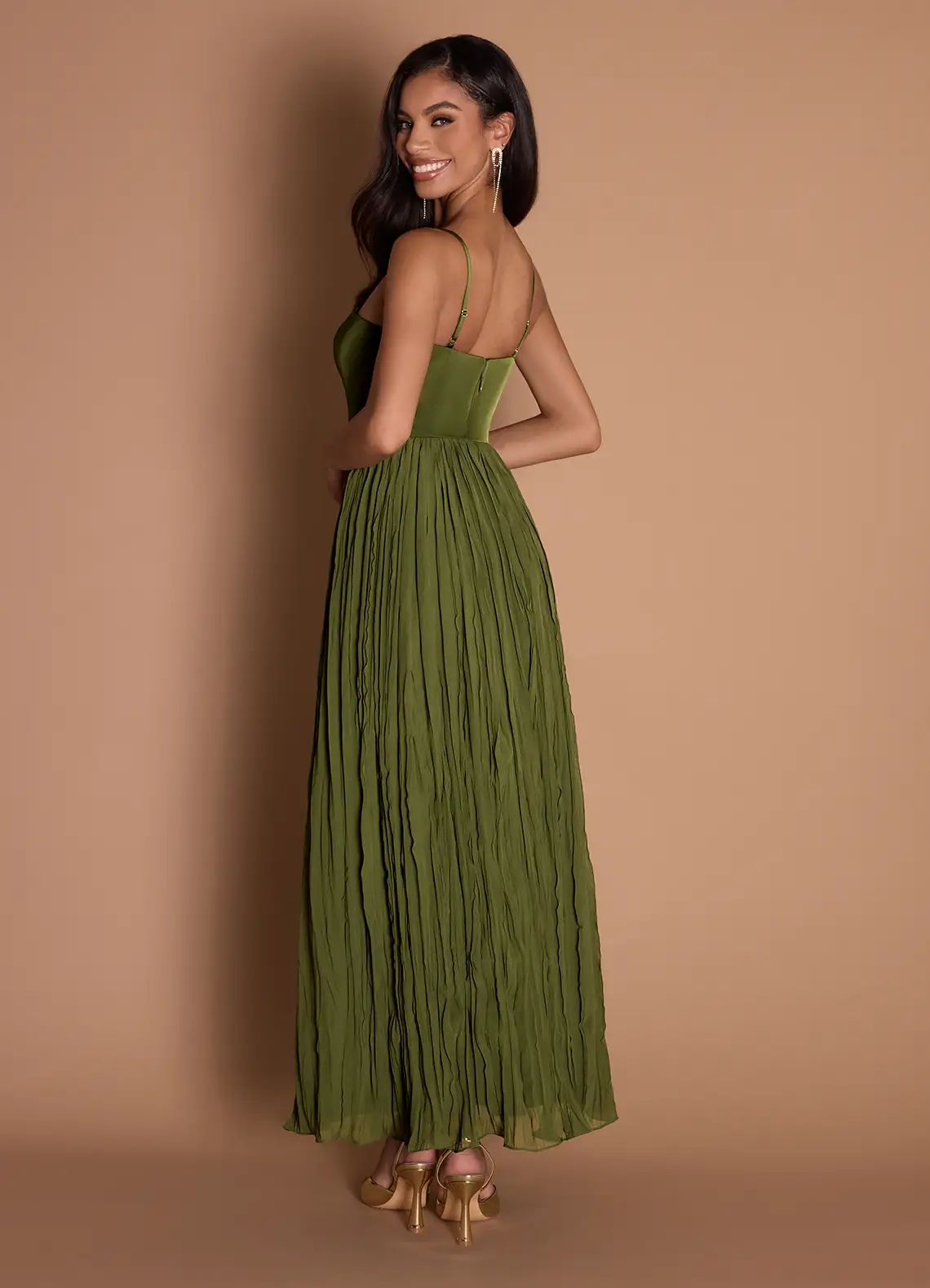 Elegant Satin Spaghetti Strap Square Neck Ruched Bodice Crinkled Chiffon Floor-Length Evening Dress