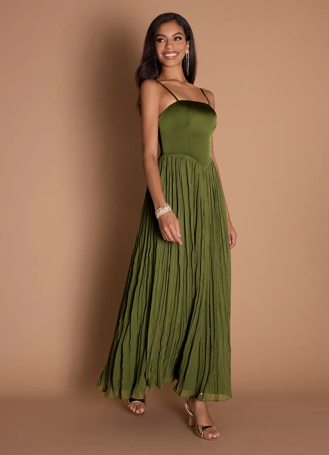 Elegant Satin Spaghetti Strap Square Neck Ruched Bodice Crinkled Chiffon Floor-Length Evening Dress