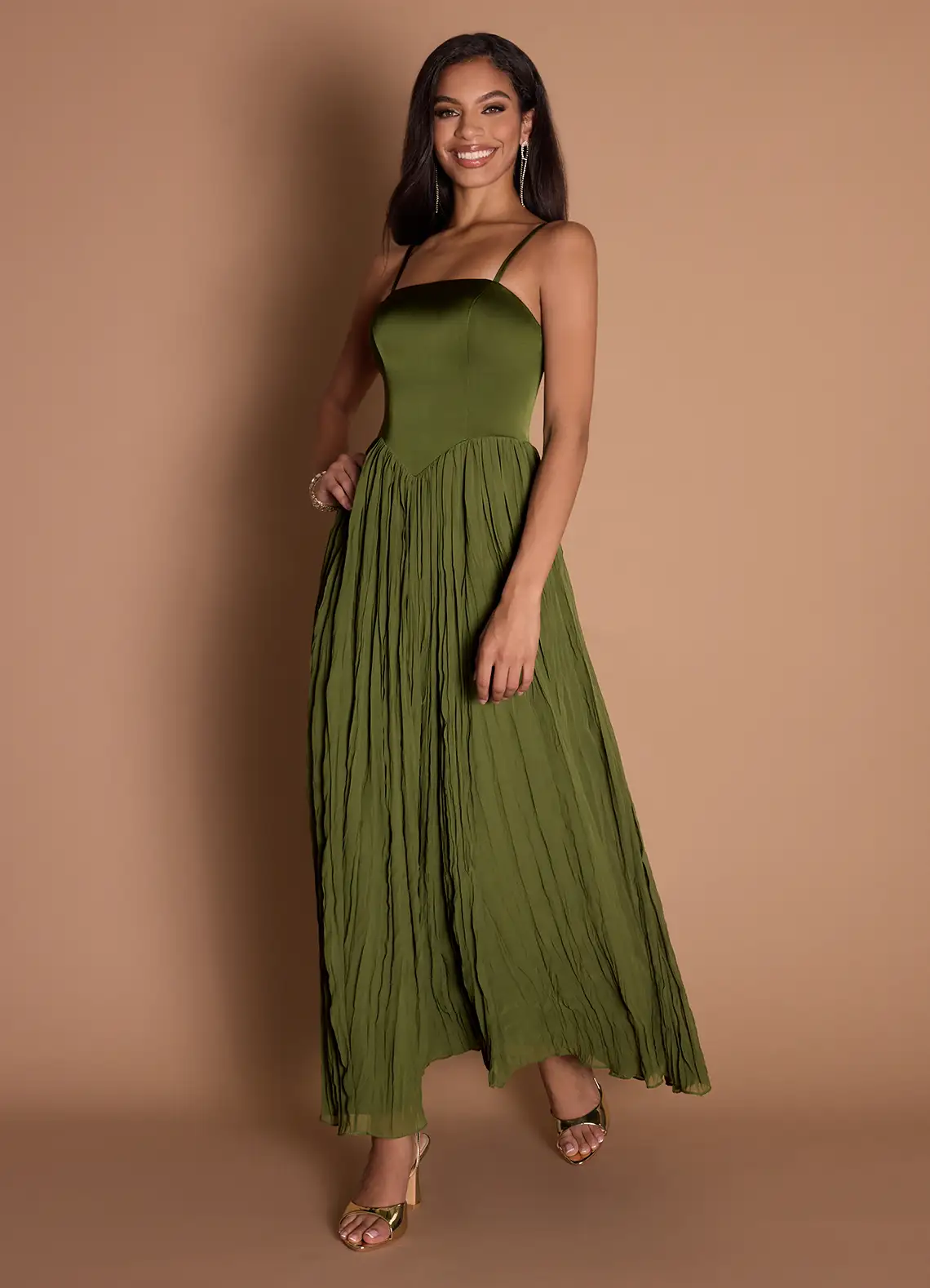 Elegant Satin Spaghetti Strap Square Neck Ruched Bodice Crinkled Chiffon Floor-Length Evening Dress