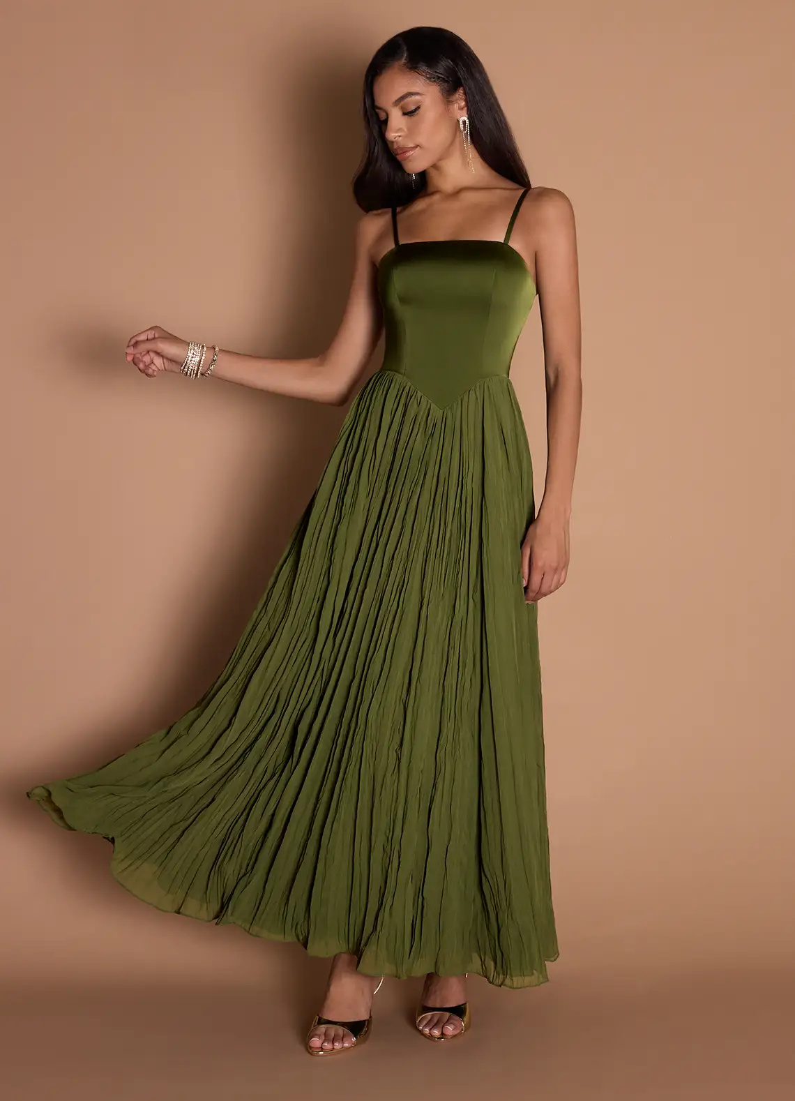 Elegant Satin Spaghetti Strap Square Neck Ruched Bodice Crinkled Chiffon Floor-Length Evening Dress