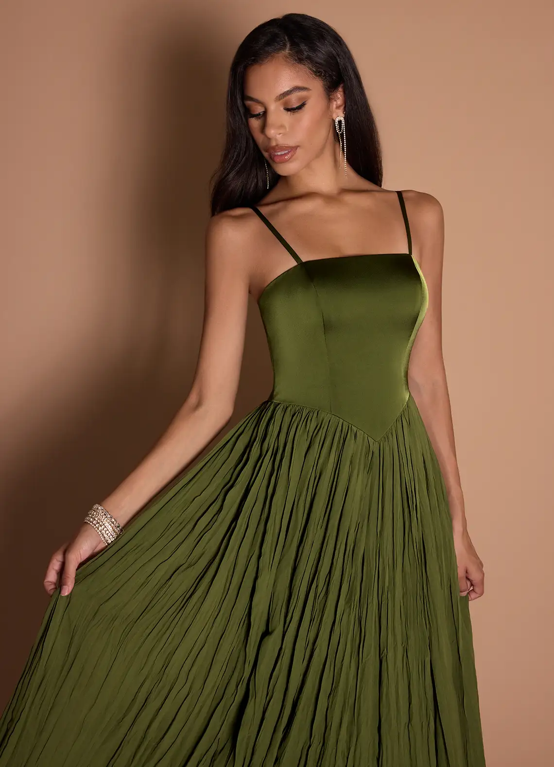 Elegant Satin Spaghetti Strap Square Neck Ruched Bodice Crinkled Chiffon Floor-Length Evening Dress