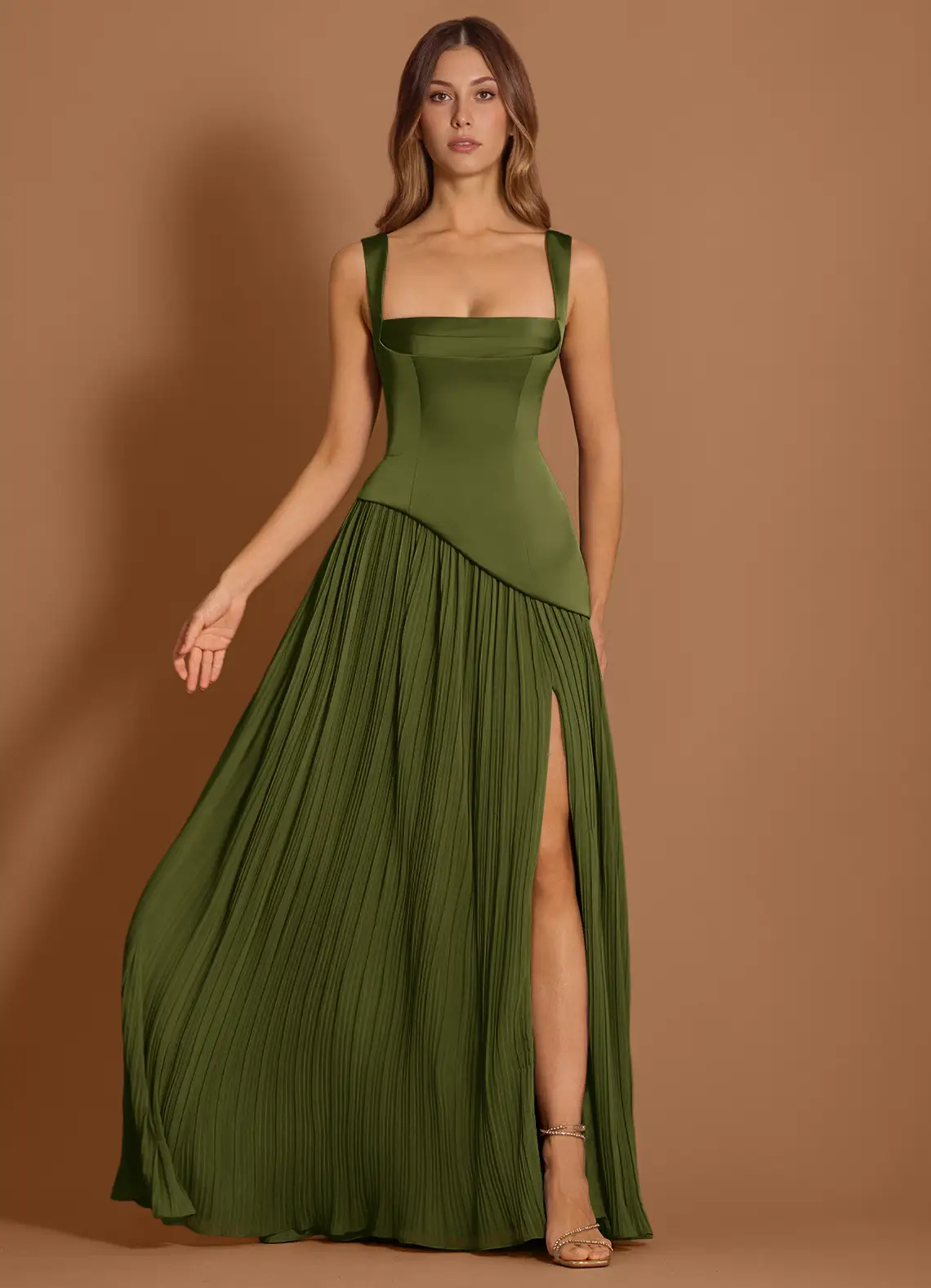 Elegant Satin Square Neck Corset Bodice Pleated Chiffon High-Slit Floor-Length Evening Dress with Convertible Straps