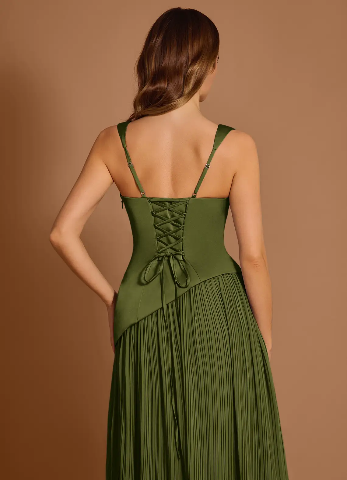 Elegant Satin Square Neck Corset Bodice Pleated Chiffon High-Slit Floor-Length Evening Dress with Convertible Straps
