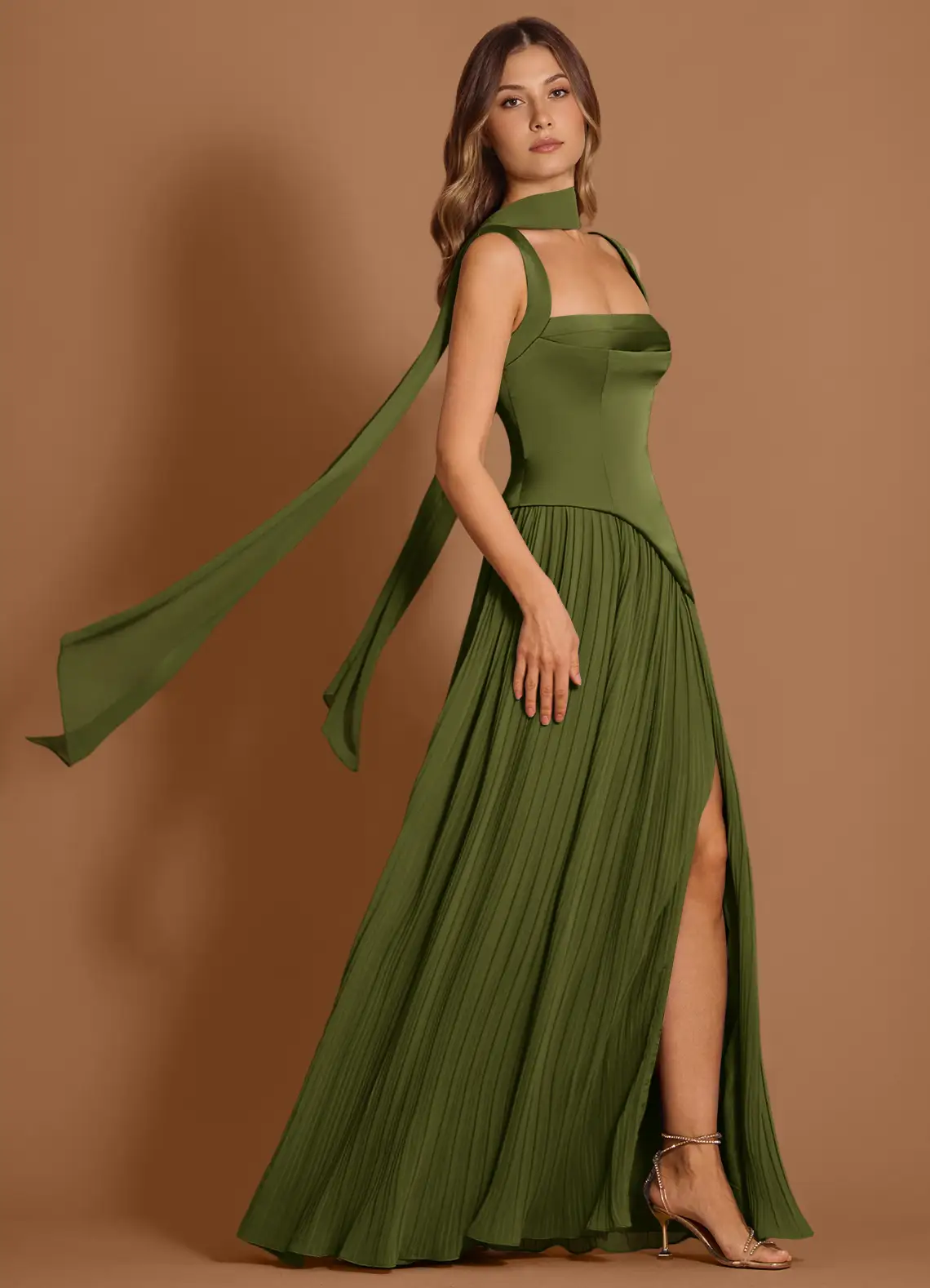 Elegant Satin Square Neck Corset Bodice Pleated Chiffon High-Slit Floor-Length Evening Dress with Convertible Straps