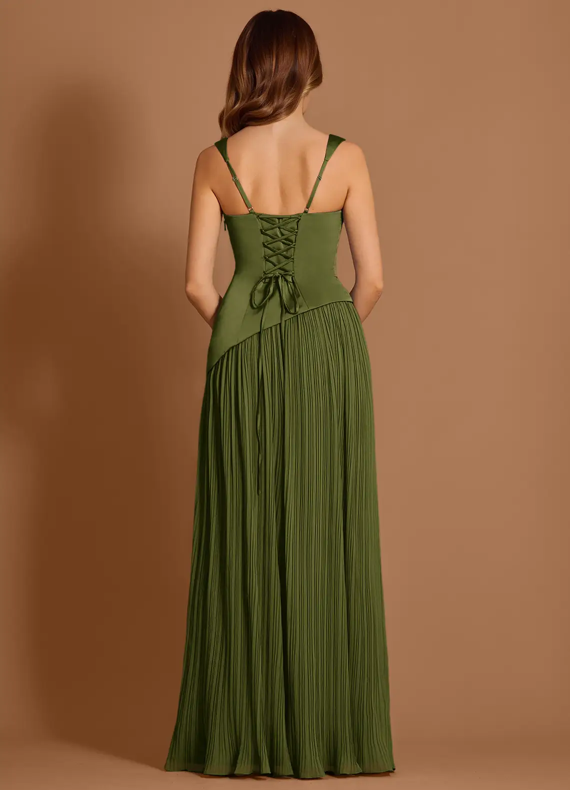 Elegant Satin Square Neck Corset Bodice Pleated Chiffon High-Slit Floor-Length Evening Dress with Convertible Straps