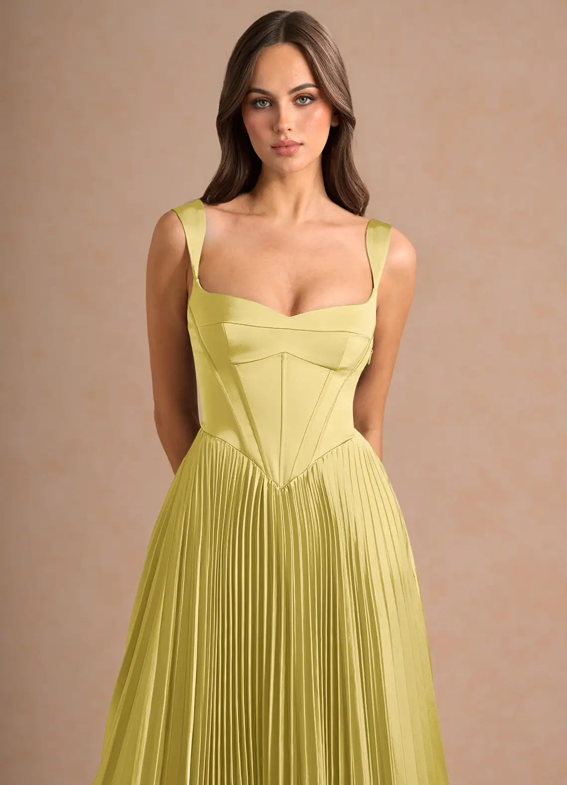 Elegant Satin Square Neck Corset Bodice Pleated Floor-Length Evening Dress with Lace-Up Back