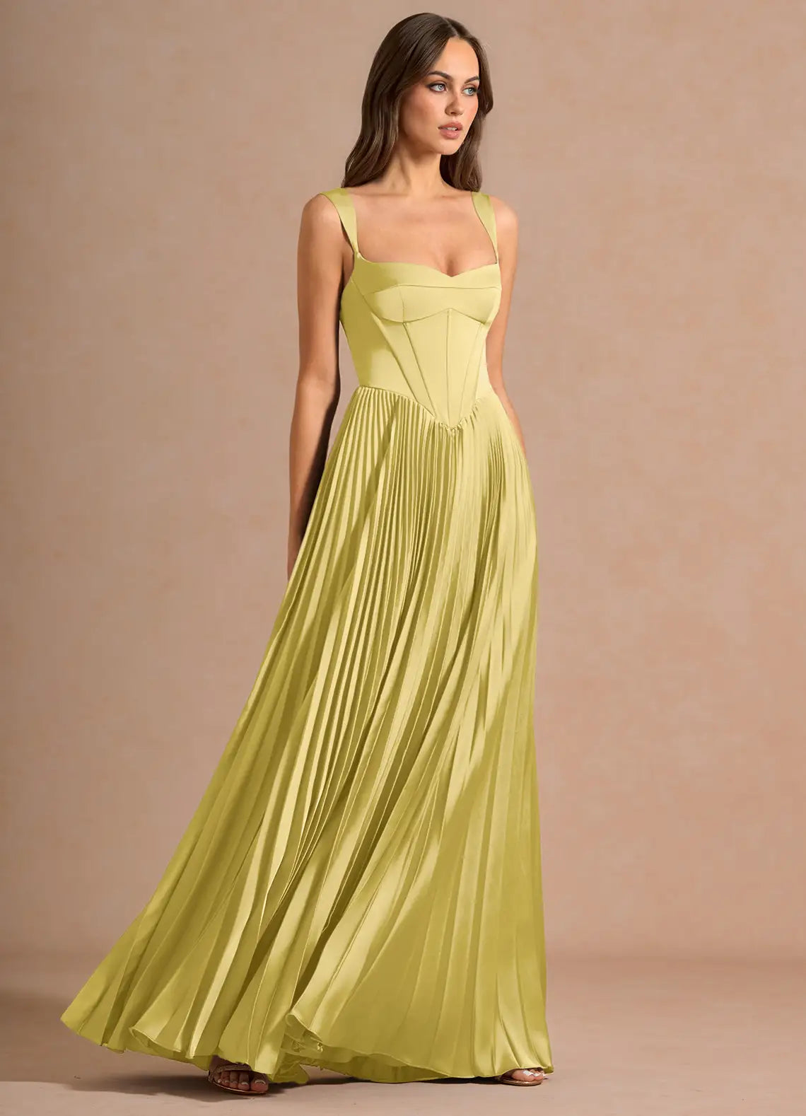 Elegant Satin Square Neck Corset Bodice Pleated Floor-Length Evening Dress with Lace-Up Back
