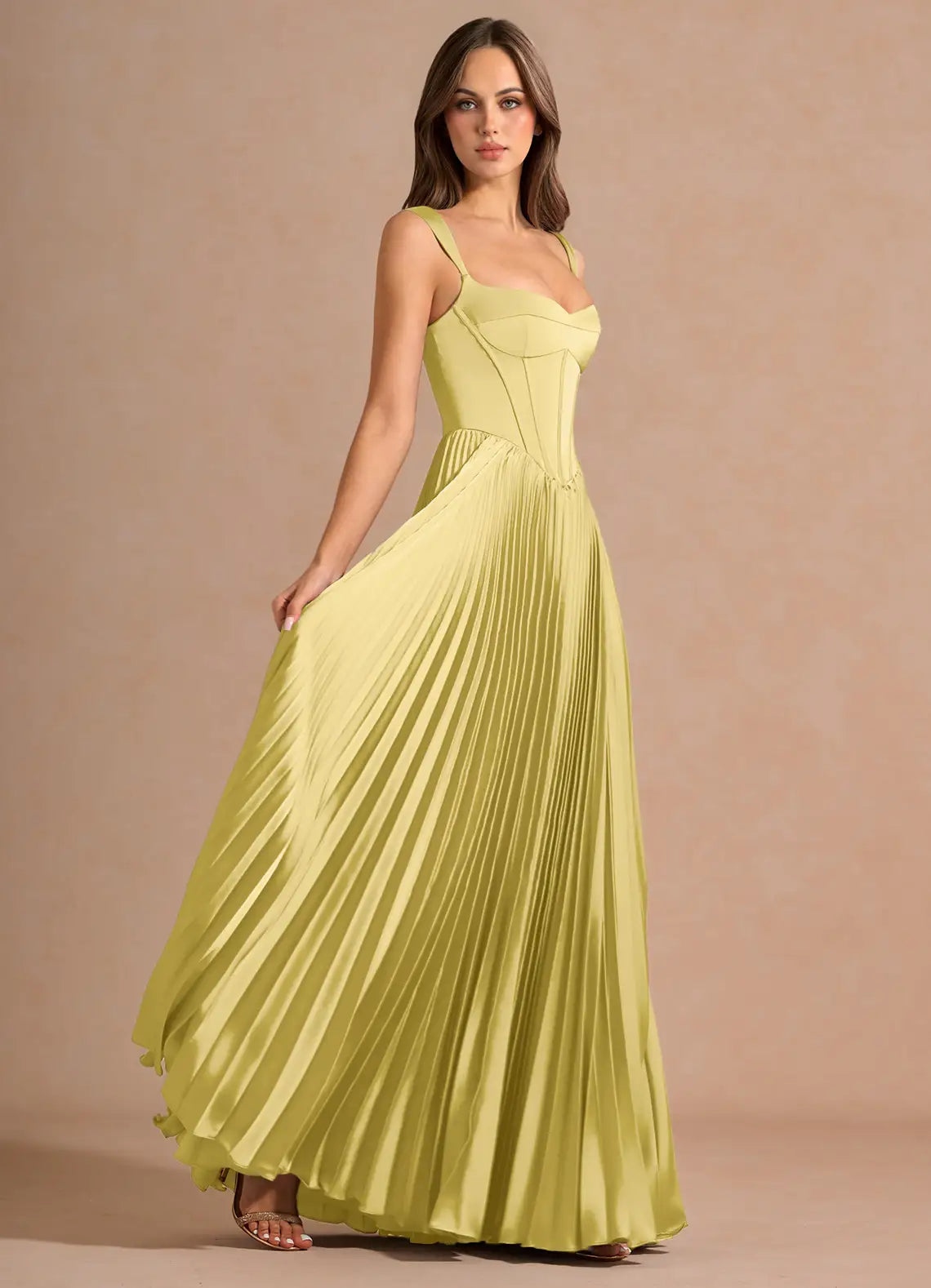 Elegant Satin Square Neck Corset Bodice Pleated Floor-Length Evening Dress with Lace-Up Back