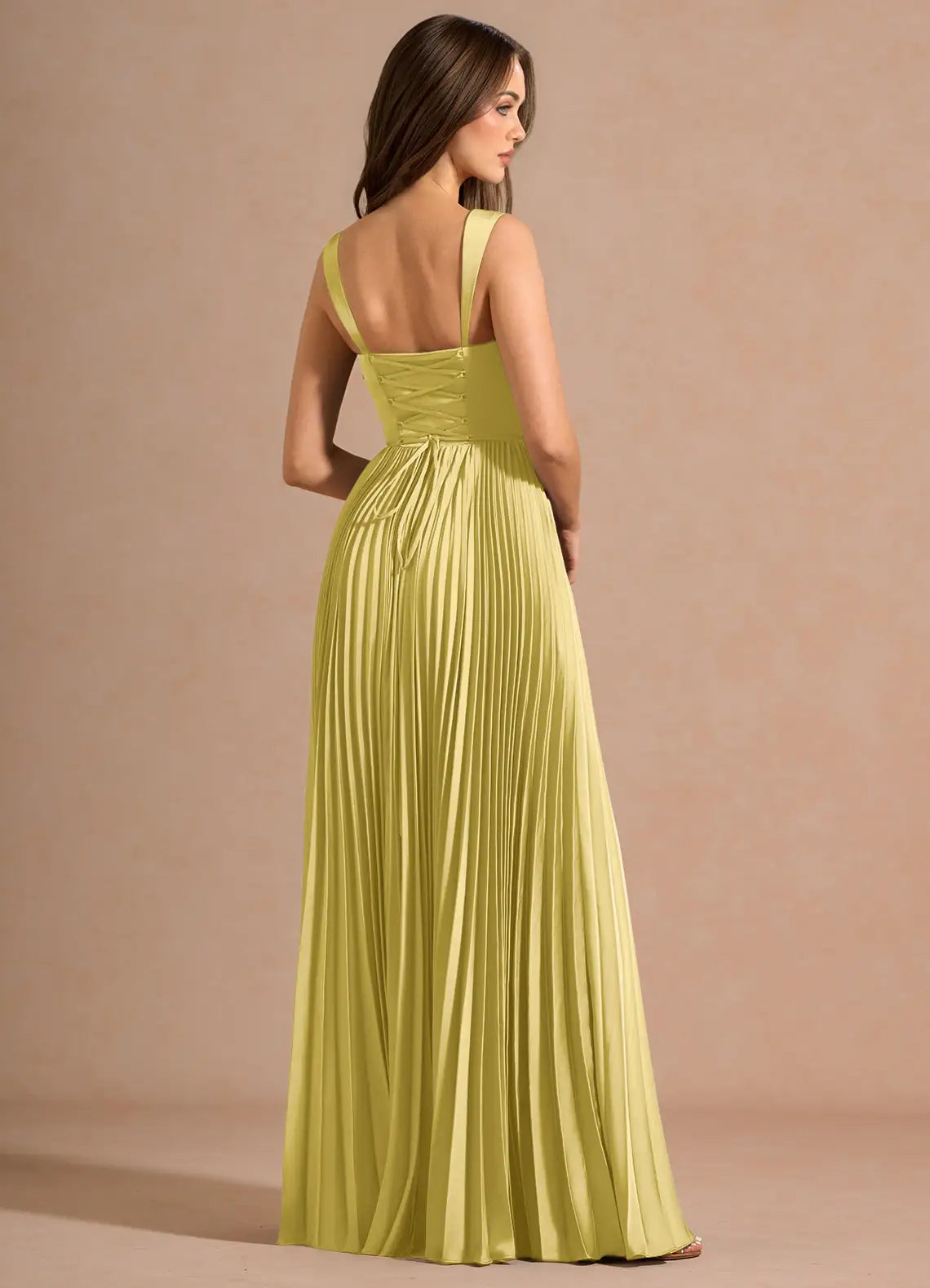 Elegant Satin Square Neck Corset Bodice Pleated Floor-Length Evening Dress with Lace-Up Back