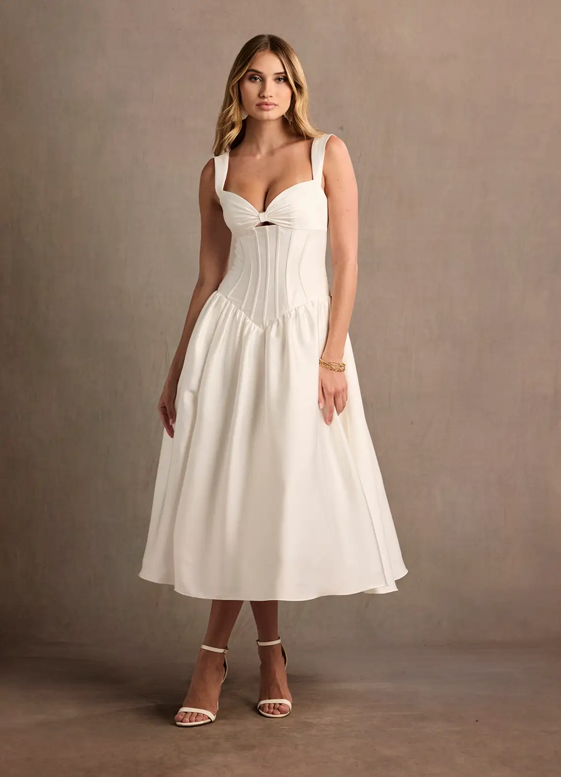Elegant Satin Sweetheart Neck Corset Bodice Cutout Midi Evening Dress with Lace-Up Back