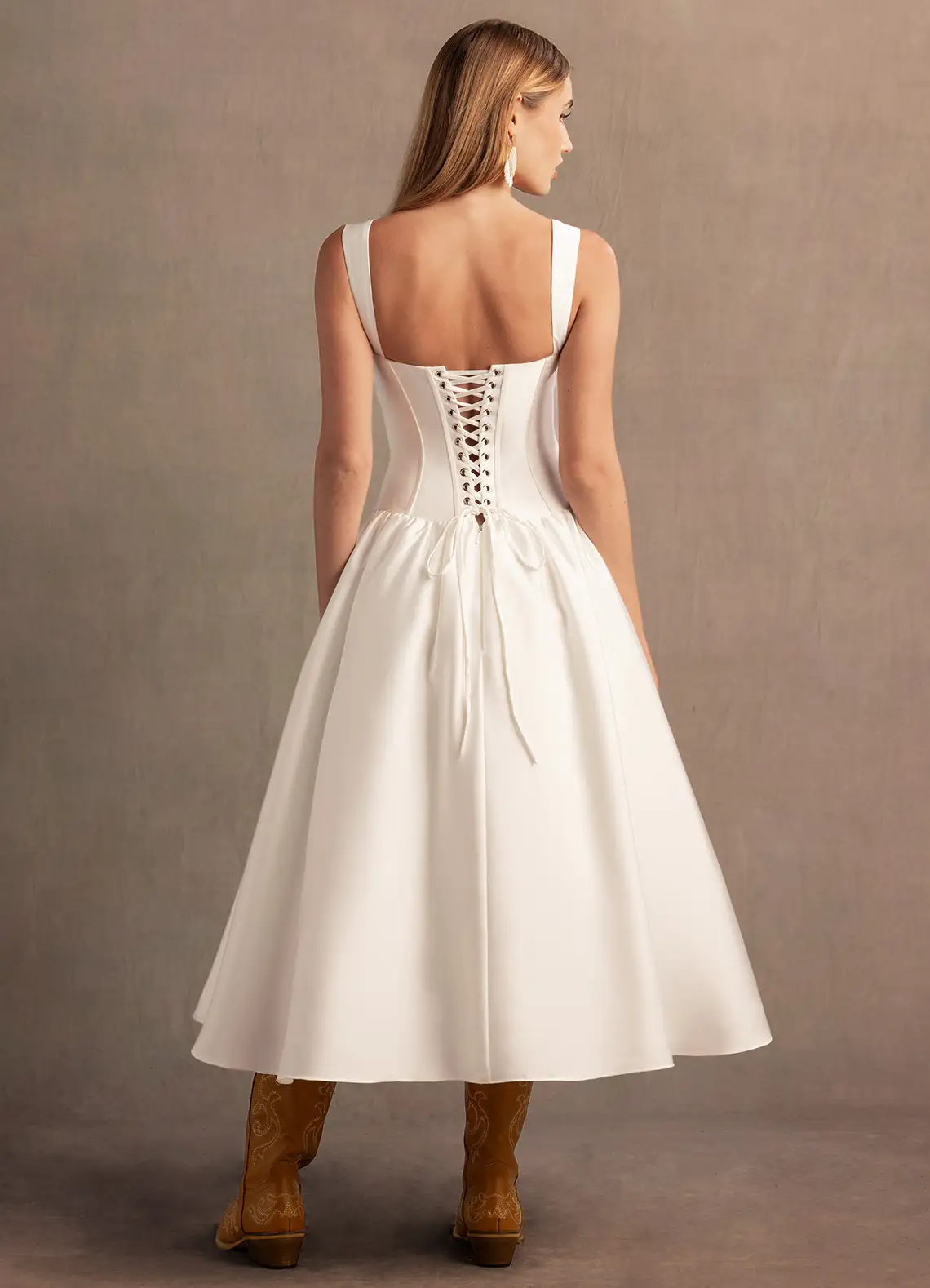 Elegant Satin Sweetheart Neck Corset Bodice Cutout Midi Evening Dress with Lace-Up Back
