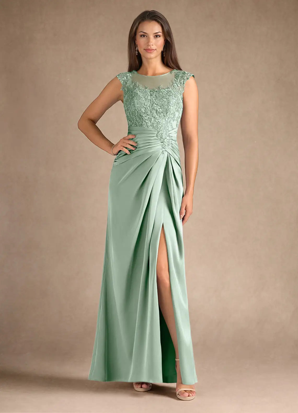 Elegant Sheath Bateau-Neck Cap-Sleeve Floor-Length Lace & Crepe Mother of the Bride Dress
