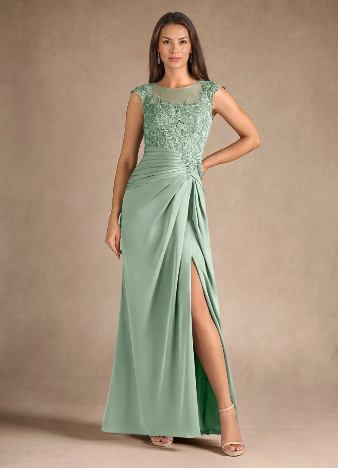 Elegant Sheath Bateau-Neck Cap-Sleeve Floor-Length Lace & Crepe Mother of the Bride Dress