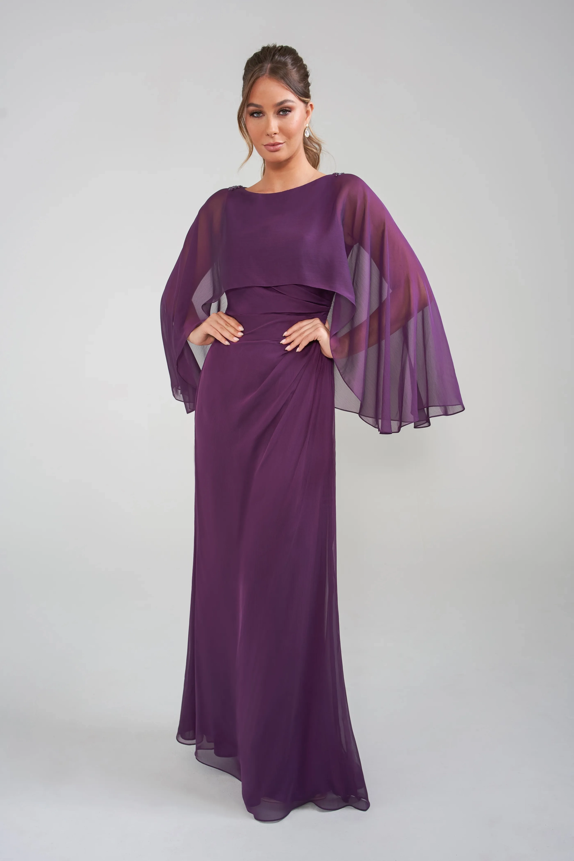Elegant Sheath Boat-Neck Cape-Sleeve Straight-Back Floor-Length Mother of the Bride Dress