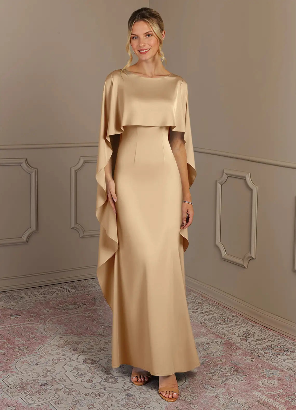 Elegant Sheath Round-Neck Cape-Sleeve Square-Back Floor-Length Satin Mother of the Bride Dress