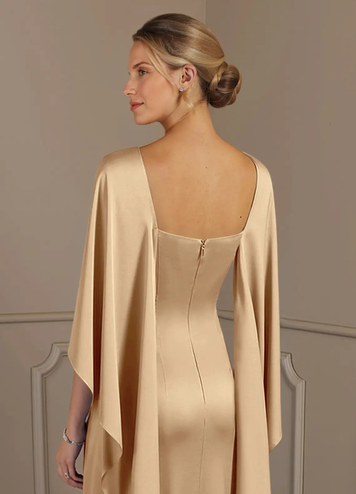 Elegant Sheath Round-Neck Cape-Sleeve Square-Back Floor-Length Satin Mother of the Bride Dress